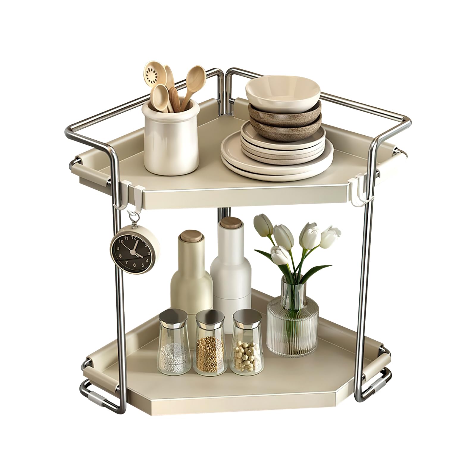 調味料ラック 扇形 金属製 2段 卓上 キッチン収納 スパイスラック コーナーラック 落下防止 洗いやすい 化粧品収納 錆びにくい 29cm 浴室 洗面所 収納ラック