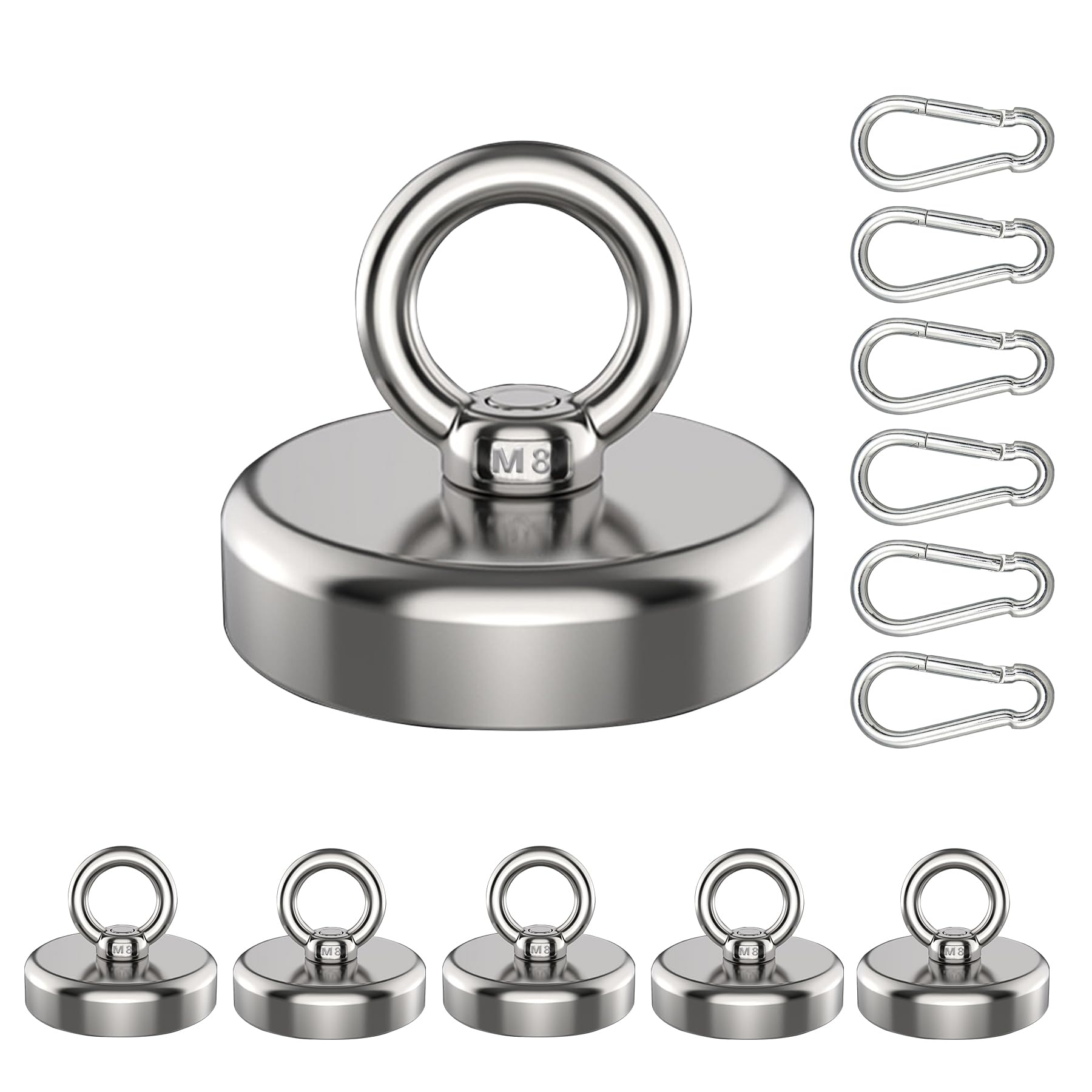 YESCUT 超強力 マグネット フック カラビナ付磁石 耐荷重72kg 直径48mm 304ステンレス製 強力 磁石 防錆 クフック取外可能 キッチン/オフィス/業務/浴室/室外/壁掛け用 ドライバー付き (シルバー, 48mm 6個入+カラビナ6個)