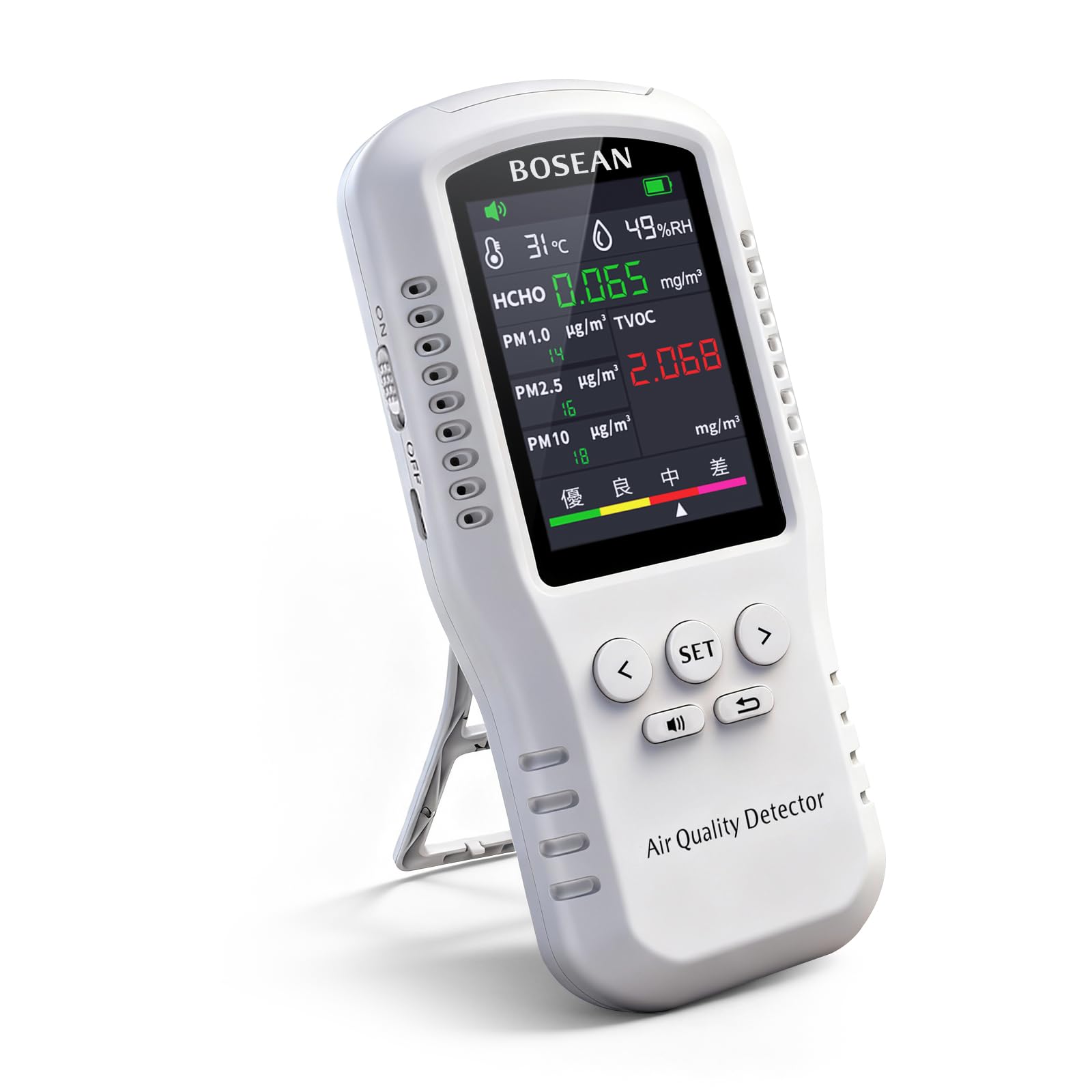 BOSEAN 臭気測定器 空気測定器 測定器 pm2.5 TVOC HCHO 温度 湿度 臭気計測器 データで視覚化 ホルムアルデヒド ブレスチェッカー 匂いチェッカー 臭いセンサー 匂いセンサー 測定 ニオイチェッカー 匂い測定器 LCD大画面ディスプレ