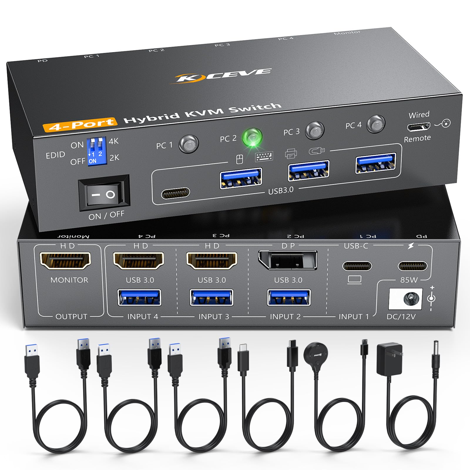 KCEVE 4K KVMスイッチ EDID機能 4入力1出力 (2HDMI+1DP+1Type-C 系統入力)、デスクトップPC+ノートPC対応 4K60Hz KVM 切替器、ノートパソコンPD充電、4台のPCで1台のモニターと1組のキーボードマウスを共有