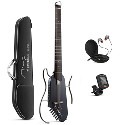 Donner トラベルギター ヘッドレスギター ミニギター ポータブルギター イヤホン付きセット メイプルボディ 人間工学ネック 静粛性 着脱可能フレーム ソフトケース チューナー付属 ブラック HUSH-I