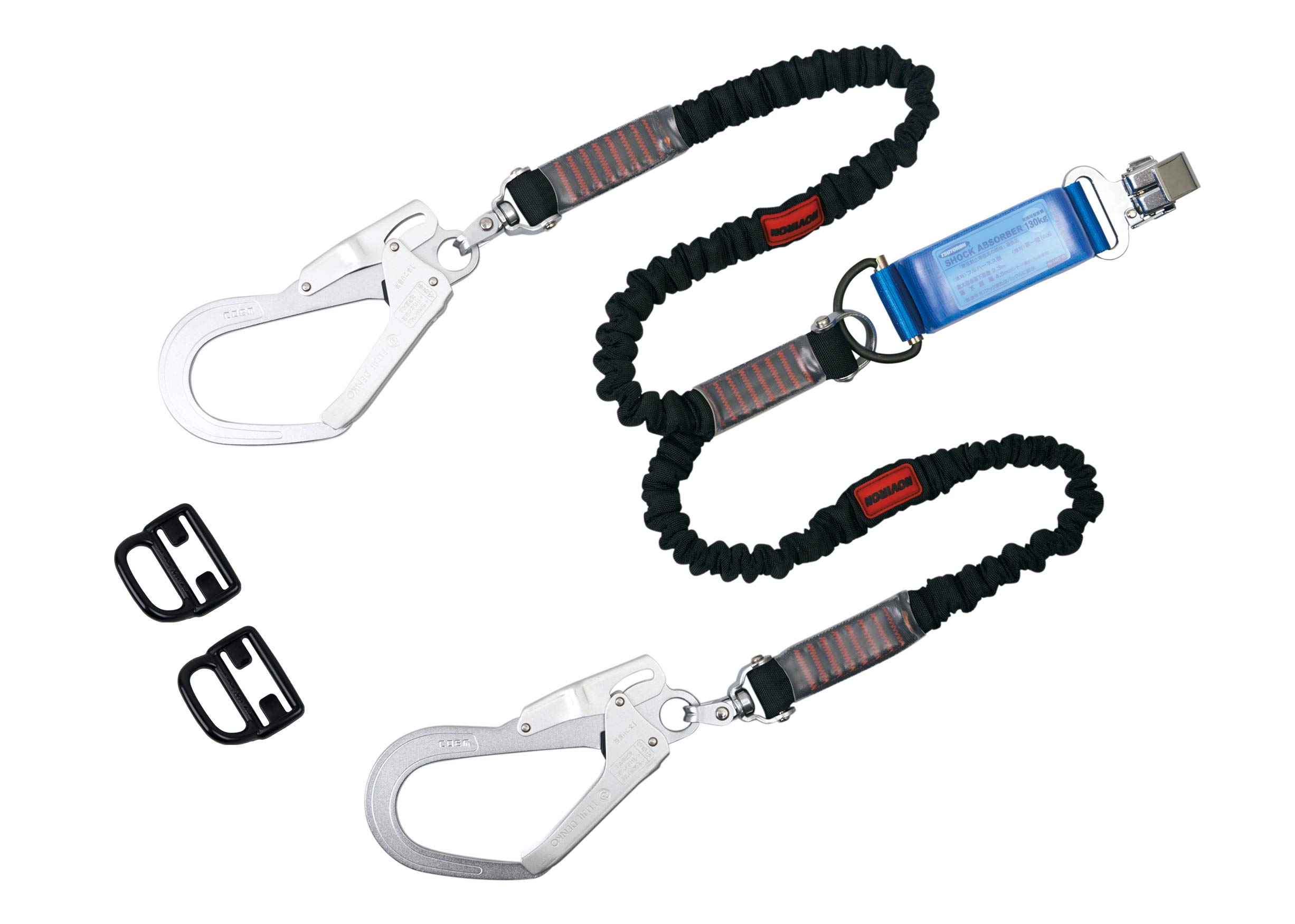 [藤井電工] 新規格 フルハーネス用ランヤード ノビロン 伸縮ロープ式 130kg対応 ブラック 黒 ツインランヤード THL-2-NV93SV-33-BK-130KG-2R23 2丁掛けランヤード 日本製 高所作業 墜落制止用器具 フルハーネス 安全帯
