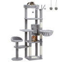 PETEPELA(ぺテぺラ) キャットタワー サボテン スリム 多頭飼い 大型猫用 据え置き おしゃれ 爪とぎポール 猫ハウス ハンモック 猫タワー 爪研ぎ サイザル麻 ポンポンおもちゃ 高さ150cm グレー