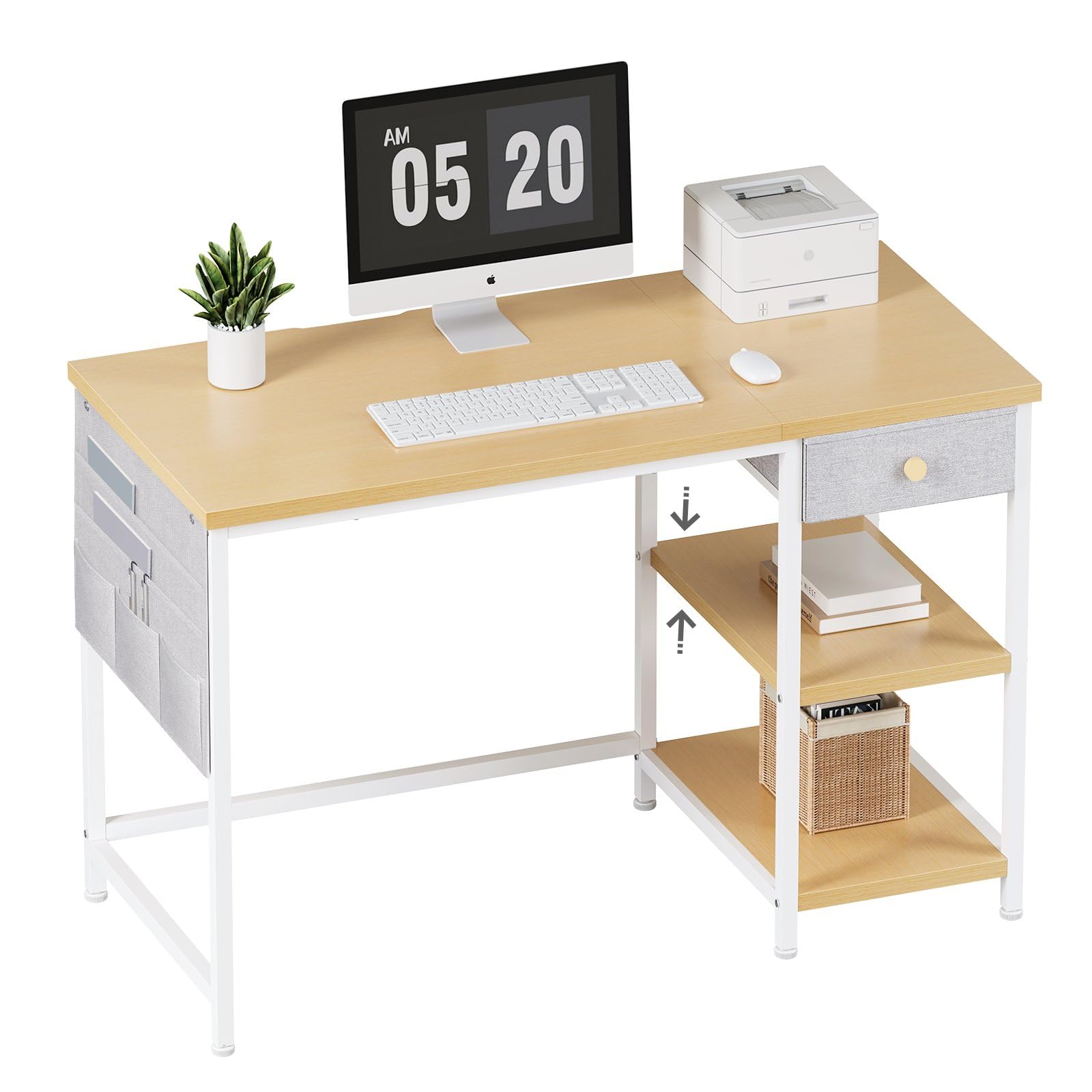 YeTom デスク つくえ ラック付き pcデスク パソコンデスク 幅120cm×奥行55cm 布製引き出し付き ワークデスク オフィスデスク 収納ラック 収納袋付き 勉強机 学習机 左右入替可 テレワーク 在宅勤務 ライトオーク