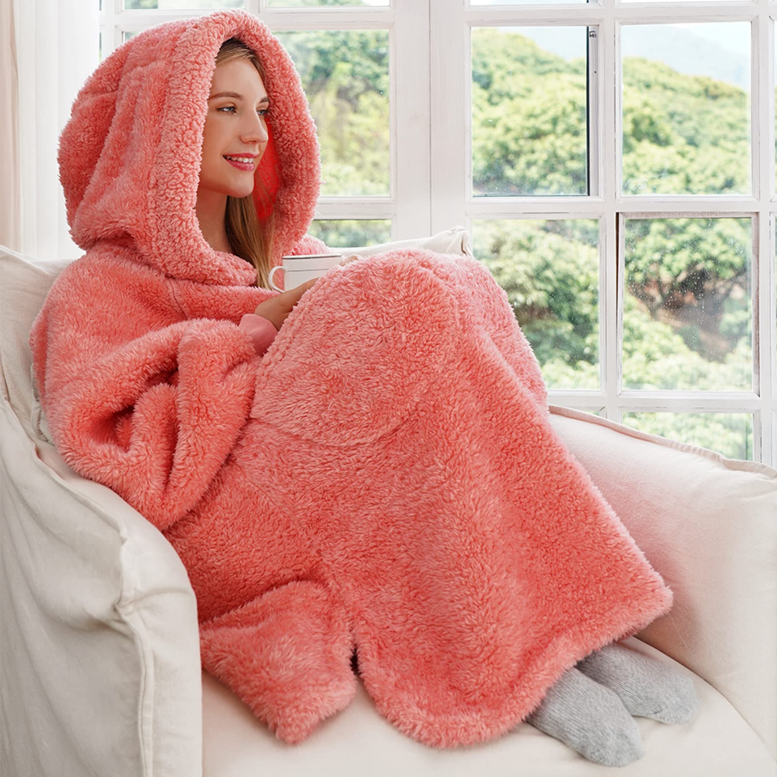 [Winthome] 着る毛布 ロング丈 ルームウェア ジッパー付き 部屋着 全身カバー ゲーミング 裏起毛シープボア もこもこ 軽量 保温 フード ポケット付 ガウン 大きいサイズ 防寒対策 エコ メンズ レディース (ネイビー, 着丈110CM) matsukageya-10216685 松陰屋 楽天市場店 サンプル画像2