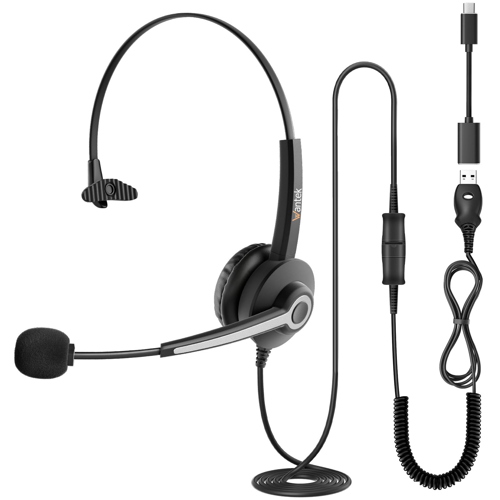 Wantek ヘッドセット USB Type-C 片耳 ヘッドホン 有線 ノイズキャンセリングマイク付き Web会議、Zoom/Skype、ビジネス、オフィス、在宅勤務、業務用、リモートワーク、オンライン授業・学習に適用 クリアな通話 スマホ Mac PC