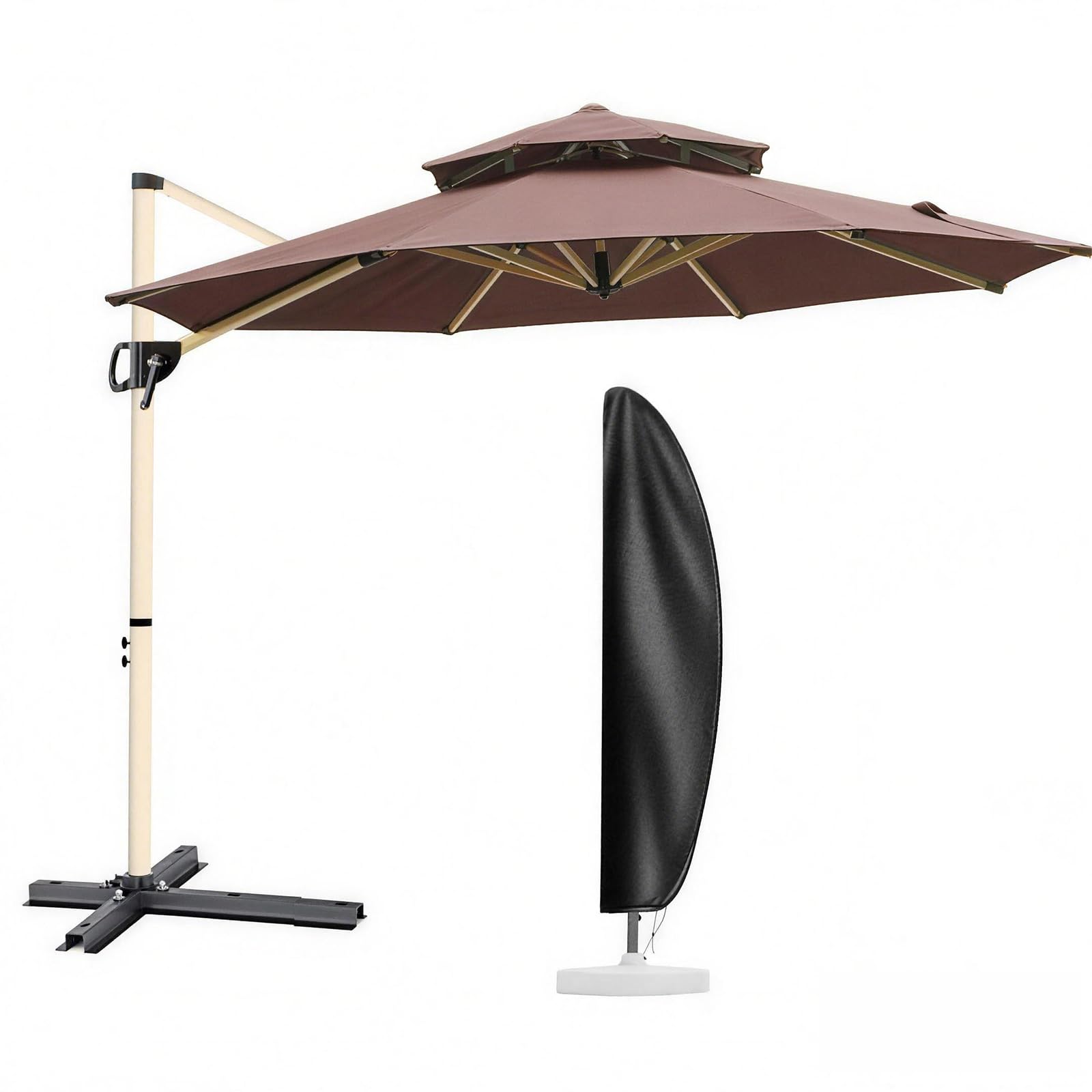 MAYAMI-Home ガーデンパラソル 大型 270cm／300cm ハンギングパラソル 二層通気 防風 UVカット 撥水 角度調整 360°回転 パラソルカバー付き ベース別売 屋外 庭 テラス カフェ用 (コーヒーの色, 270cm)