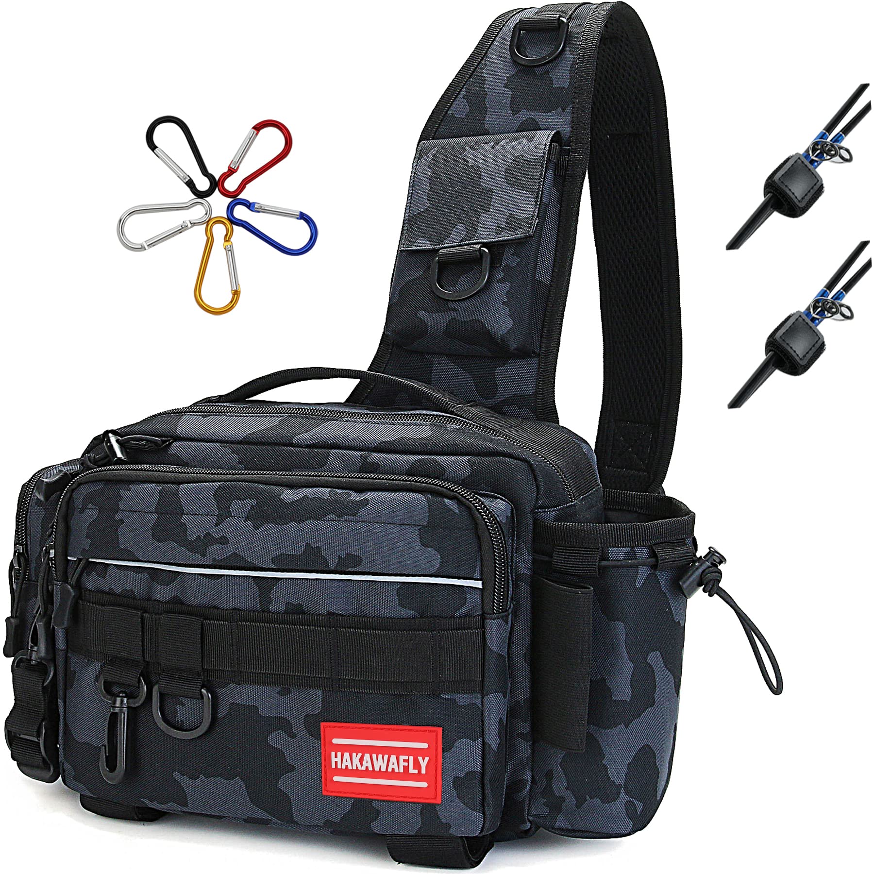 HAKAWAFLY フィッシングバッグ5WAY ロッドベルト2点とカラビナ5点付き 釣りバッグ 防水 タックルバッグ 多機能 大容量 ランガンバッグ (ブルーカ...