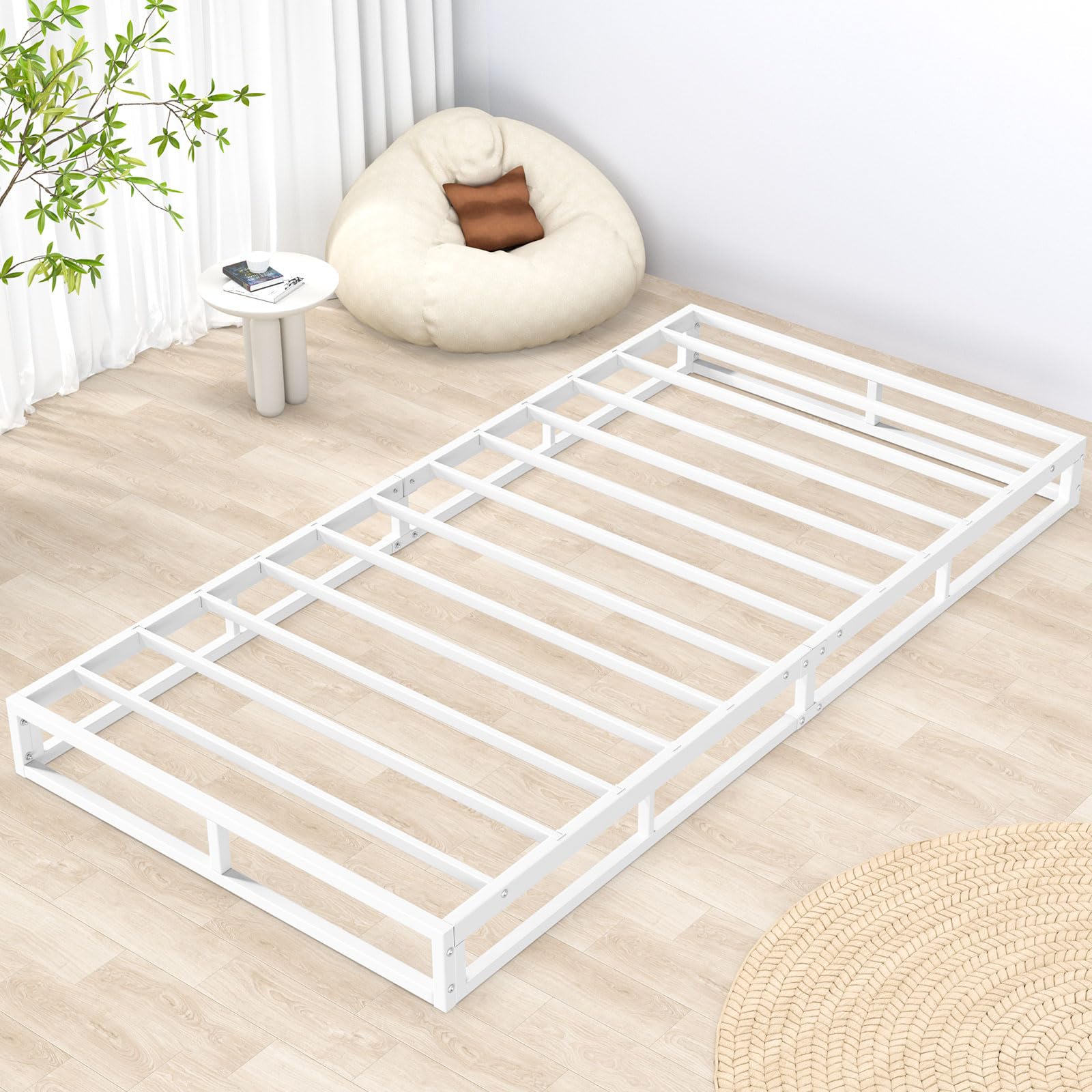 PRTONE ベッドフレーム ロータイプ メタル 一人暮らし 静音性 狭い空間向け ベッド下収納 ギシギシしない 組立簡単 工具付き 耐荷重約300Kg スチール ベッドフレーム ホワイト