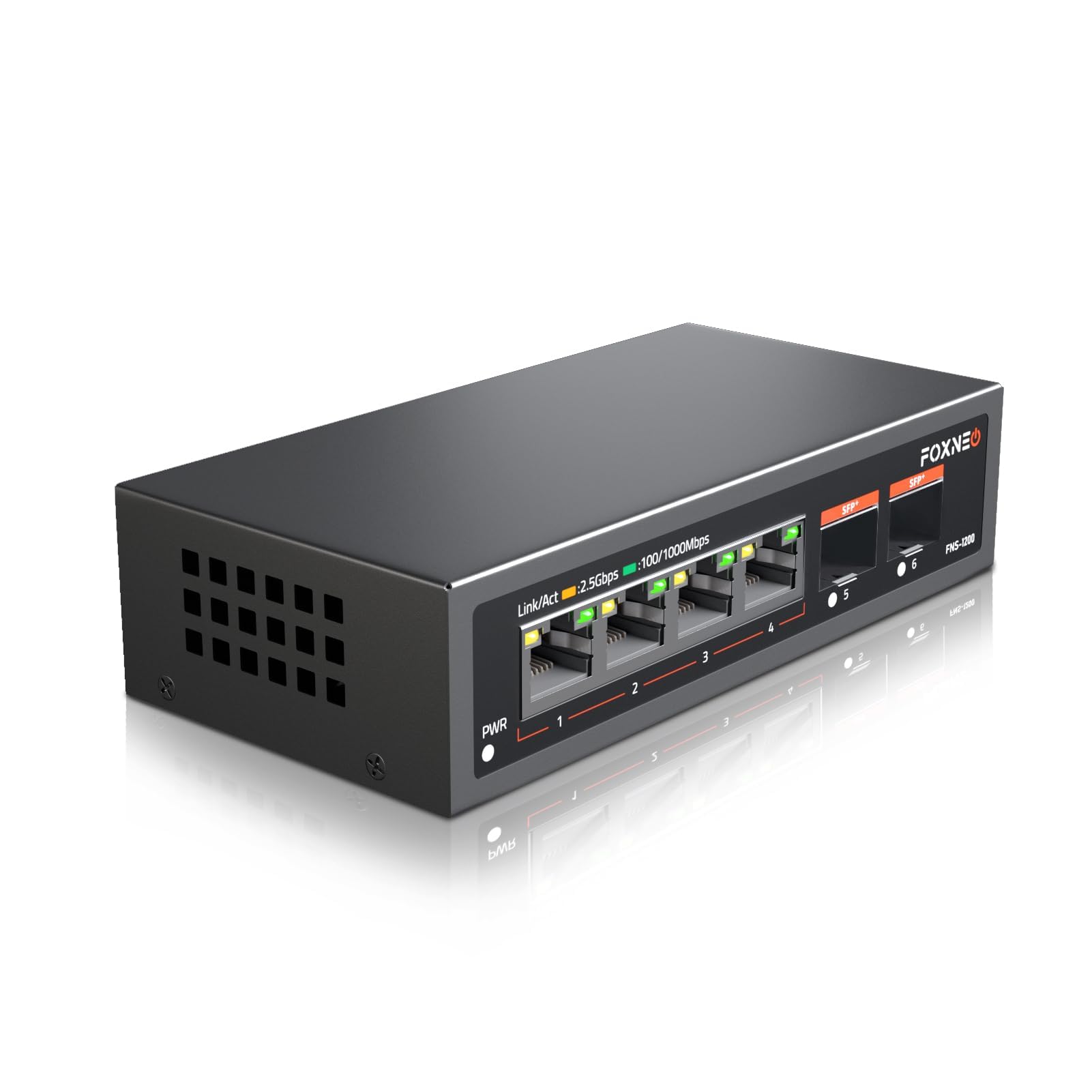 樂天商城 - FOXNEO 2.5gbps スイッチングハブ 6ポート（4x2.5G RJ45と2x10G SFP+）搭載 個人や家庭向けのスイッチングハブ 静音ファンレス設計 デスクトップや壁掛け設置可能 金属筐体 プラグアンドプレイ アンマネージド スイッチングハブ