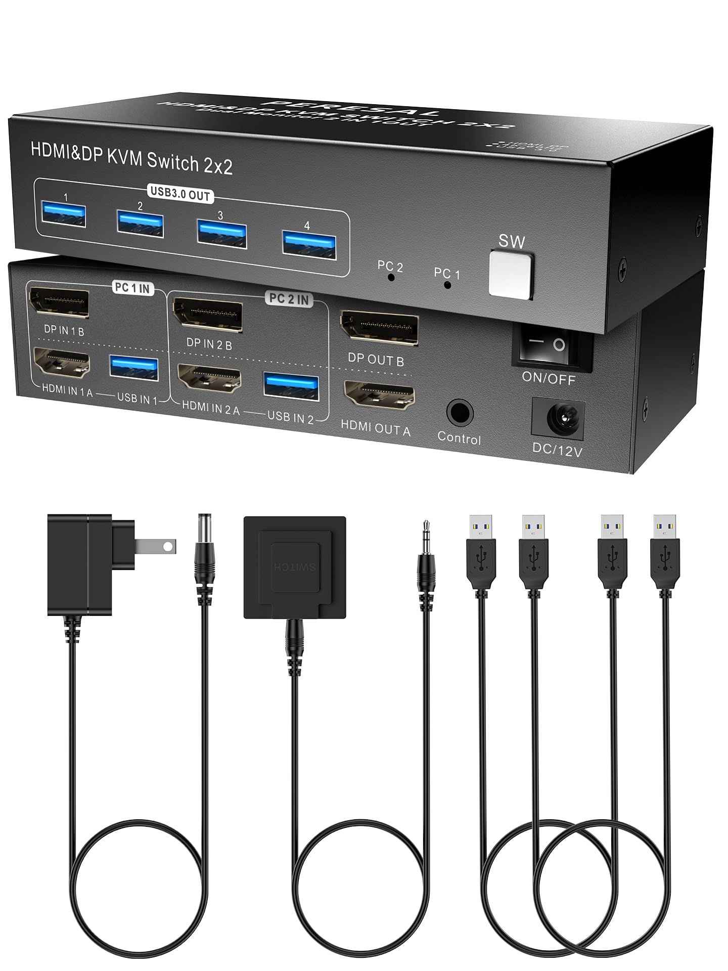 PERESAL デュアルモニタHDMI DP KVMスイッチ、デュアルPCまたはノートパソコン用の4K60HzデュアルモニタKVMスイッチ2台、USB 3.0ポートx4、拡張/レプリケーションモード対応、DC 12Vアダプタと有線コントローラ付き