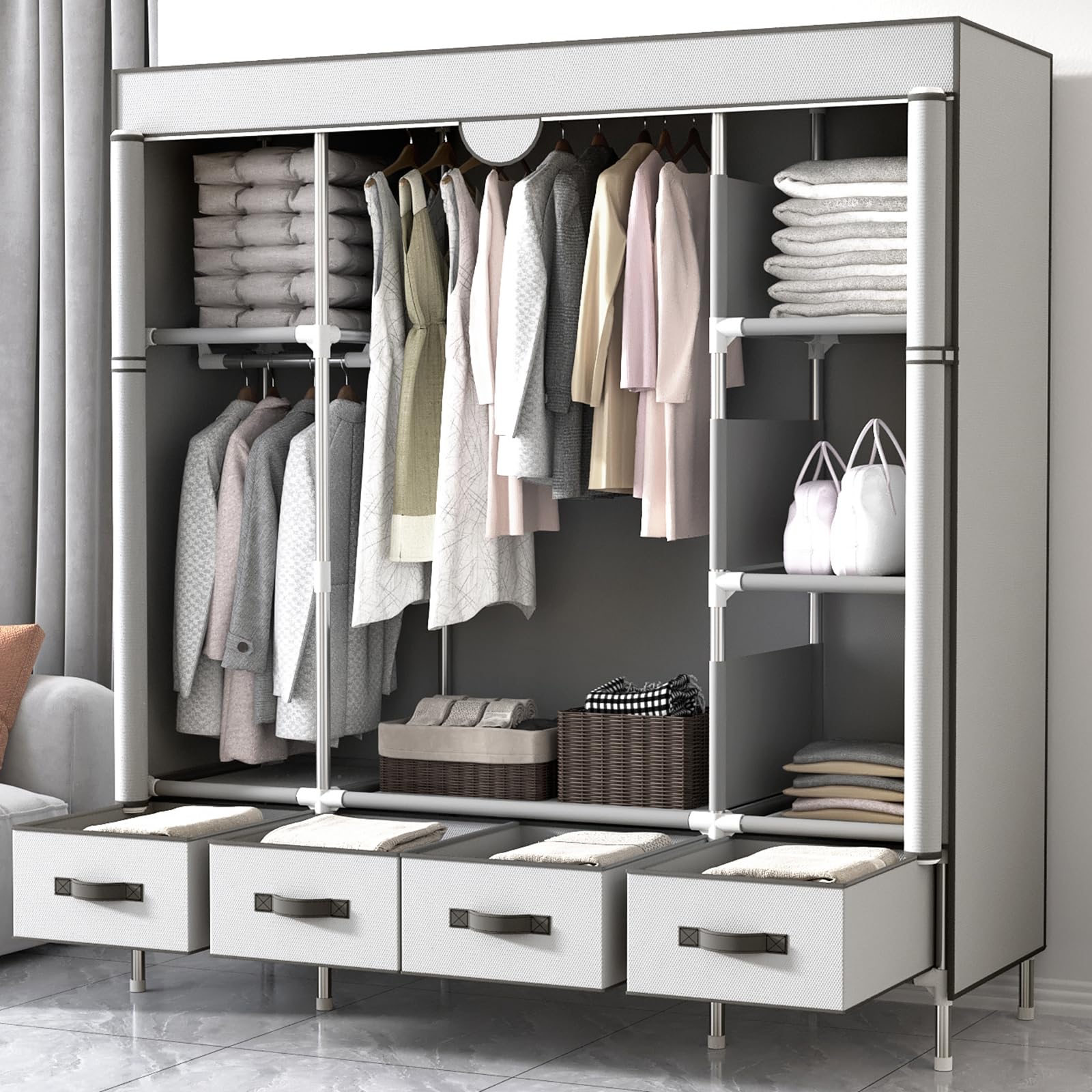 ワードローブ 大容量 収納クローゼット 引き出し4つ付き フードハンガー 簡単組立式 調節可能なスペース 収納棚 防水・防塵・防汚（150×奥行45×高さ170cm） (ライトグレー)