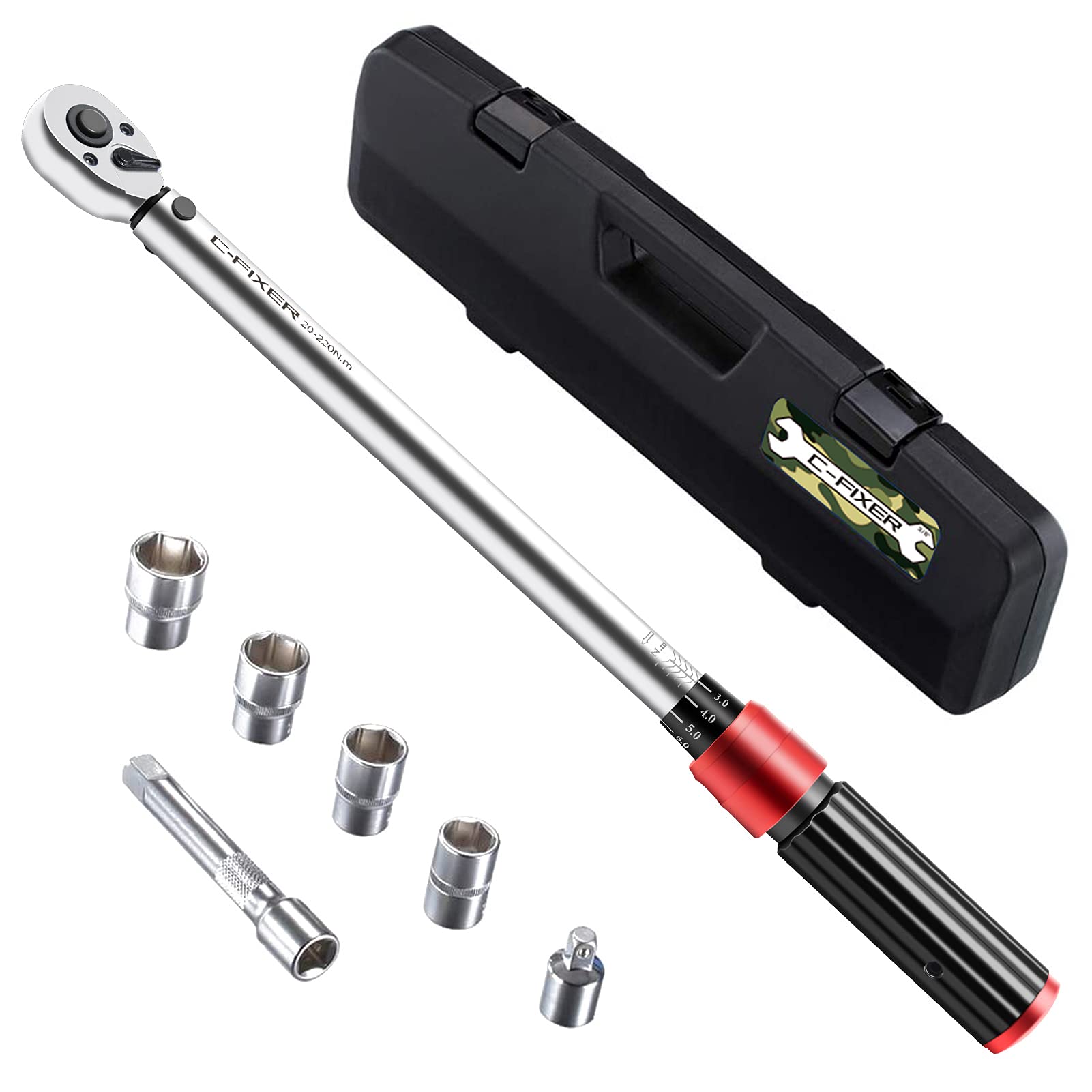 樂天商城 - トルクレンチ プレセット型 車/バイク修理レンチ 差込角12.7mm(1/2インチ) 20-220N・m タイヤ交換 17/19/21/24mm 3/8変換ソケット付き ソケットレンチ ケース付き