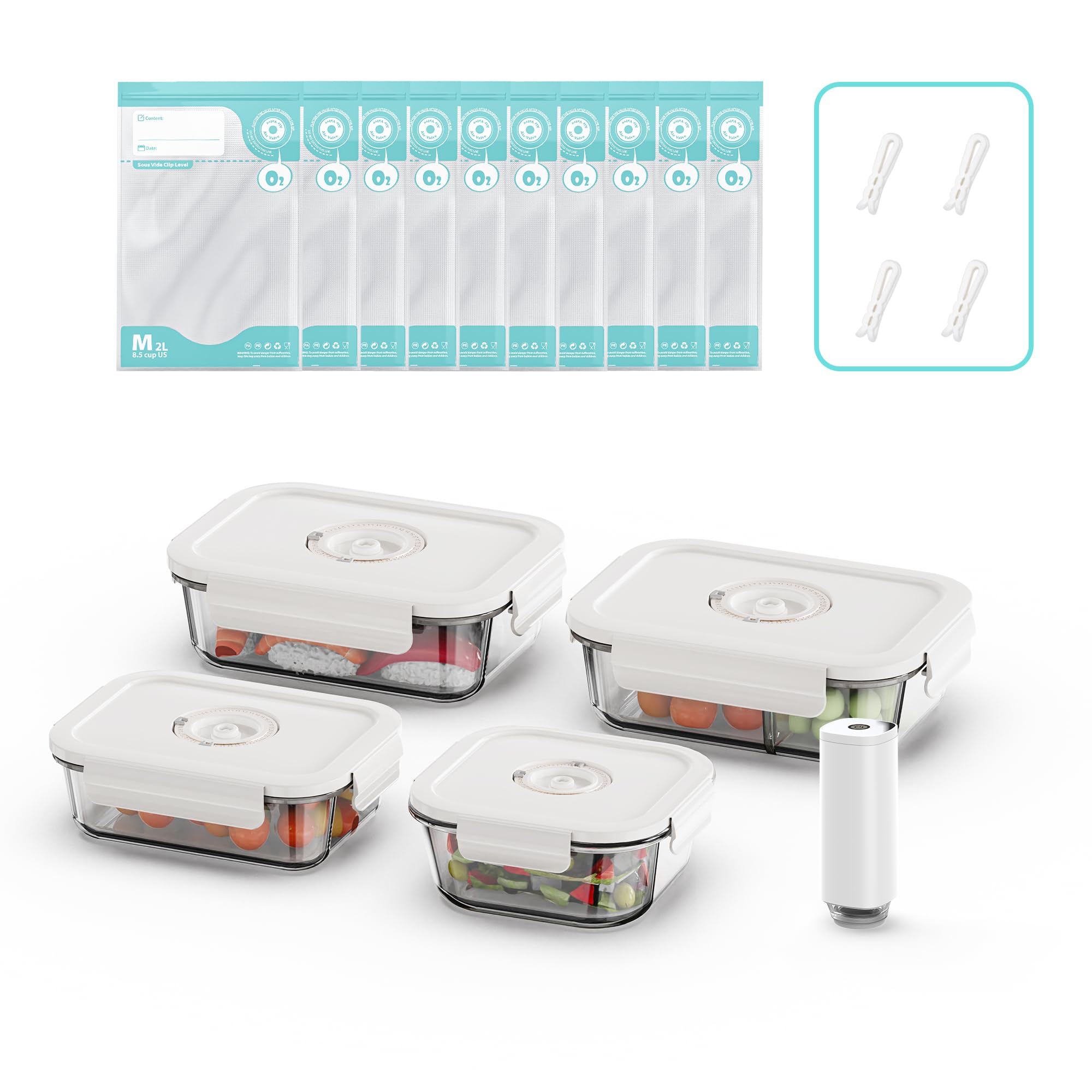 真空シールガラス食品保存容器、真空調理バッグ付き、ランチ用の密閉ロック蓋付き食事準備容器、ピクニックオーブン&冷凍庫対応、BPAフリー、漏れ防止、新鮮さ長持ち, 630ml+1040ml+1020ml+525ml