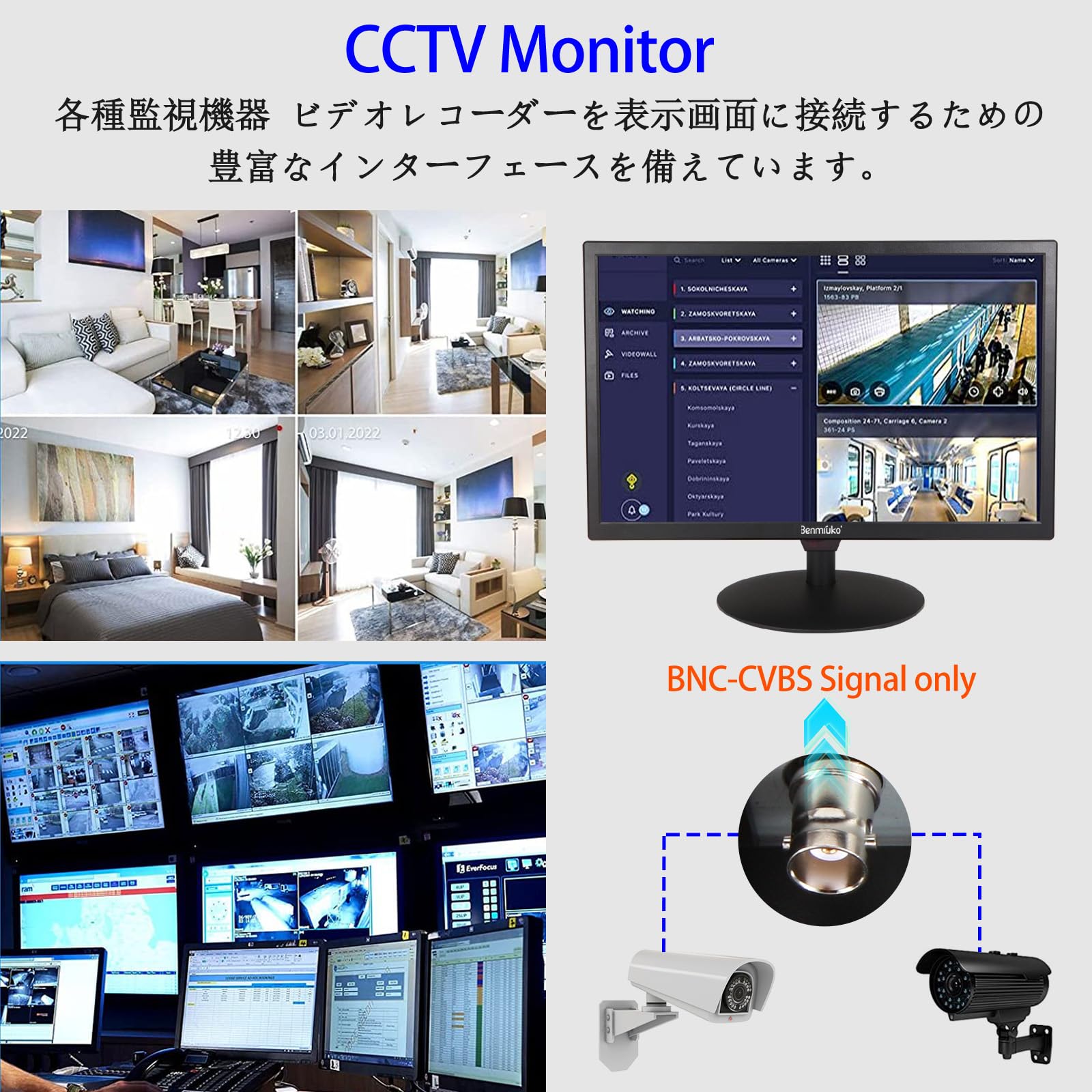 24型インチ 監視カメラモニター CCTV液晶テレビ PC 防犯カメラ用モニター 多機能接続サポートHDMI、AV、BNC、VG、USB入力端子 1920x1080フルHDのディスプレイのコンピューター 日本語対応