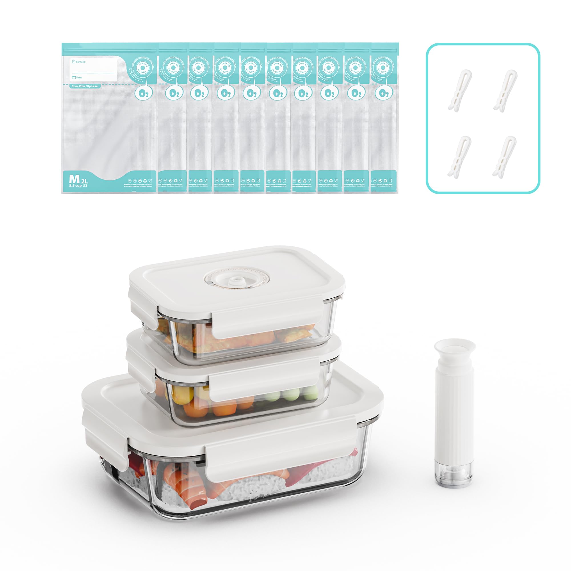 真空シールガラス食品保存容器、真空調理バッグ付き、ランチ用の密閉ロック蓋付き食事準備容器、ピクニックオーブン&冷凍庫対応、BPAフリー、漏れ防止、新鮮さ長持ち, 630ml*2+1480ml