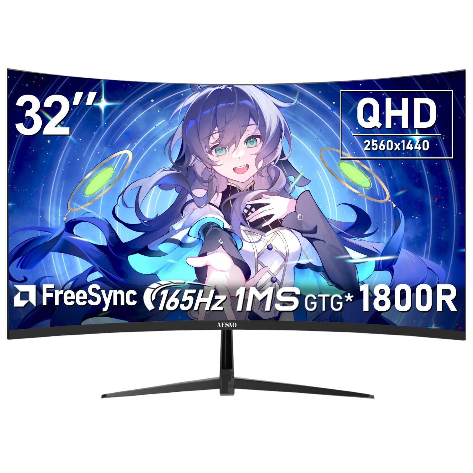 AESNO 32インチ 湾曲ゲーミングモニター WQHD 2560*1440 165Hz/144Hz コンピュータのモニター1800R Freesync 100% sRGB, DP HDMI ケーブル付きのサムネイル