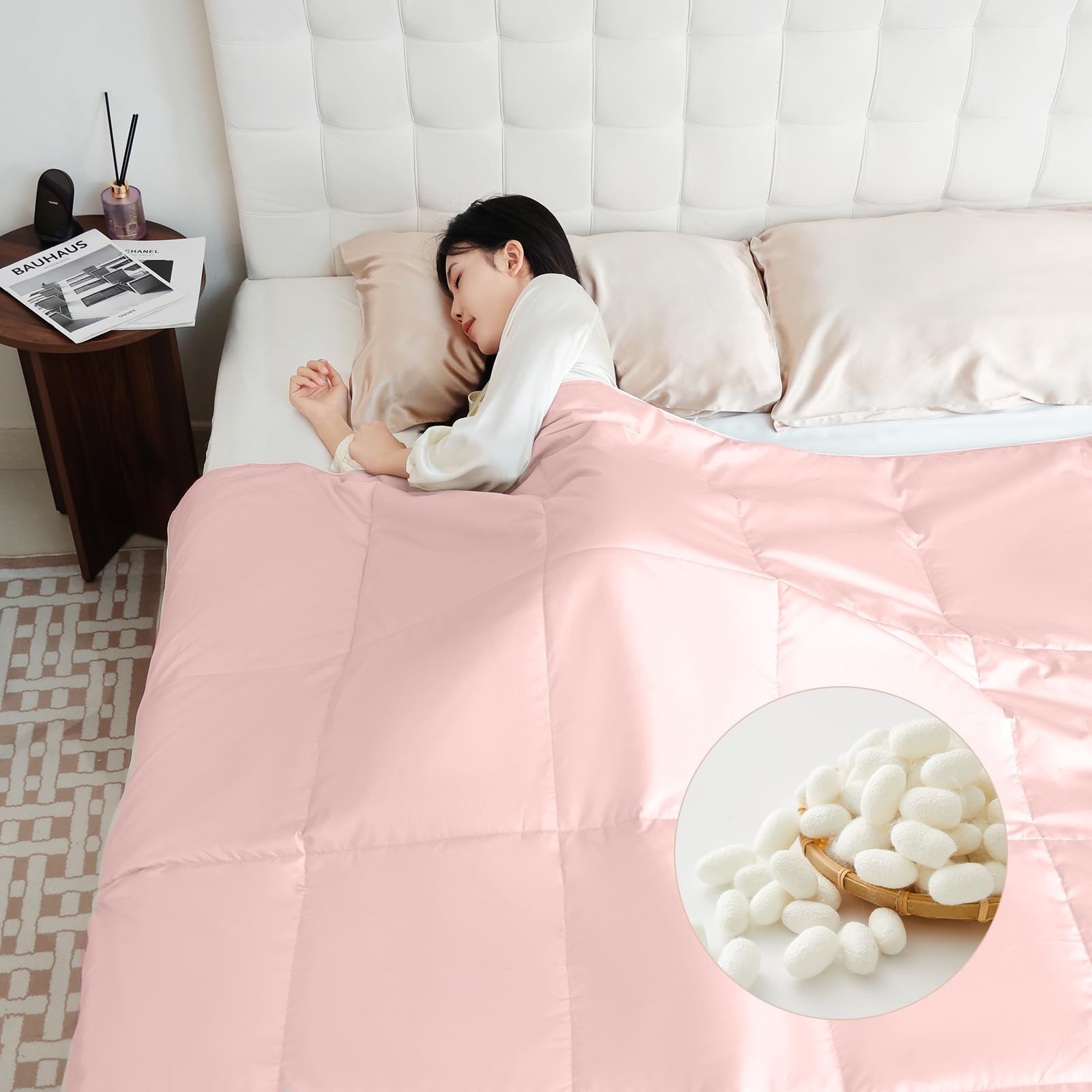 樂天商城 - THXSILK シルク掛け布団 真綿布団 肌掛け布団 洗濯機可 100％シルク ソフトタッチ ふんわり なめらか 軽量 抗菌 防ダニ 吸湿 静電気防止 冷感 通気 春夏初秋(ピンク 170*210cm 0.55kg)