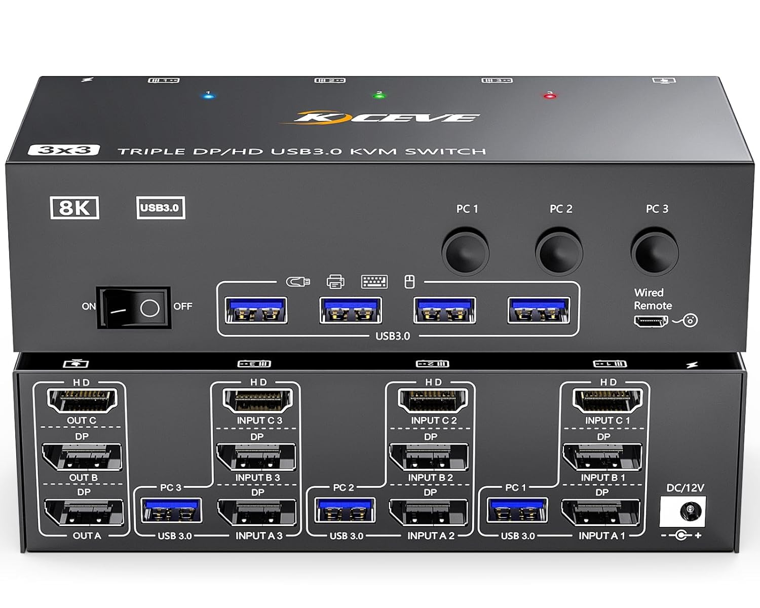 KCEVE 8K USB3.0 KVMスイッチ 3PC 3モニター KVM Switch、ミラー/拡張モード (8K@30Hz/4k@144Hz) PC3台とディスプレイ3台対応、キーボード マウスを3PCで共有、ドライバー不要、手元スイッチ&USBケーブ