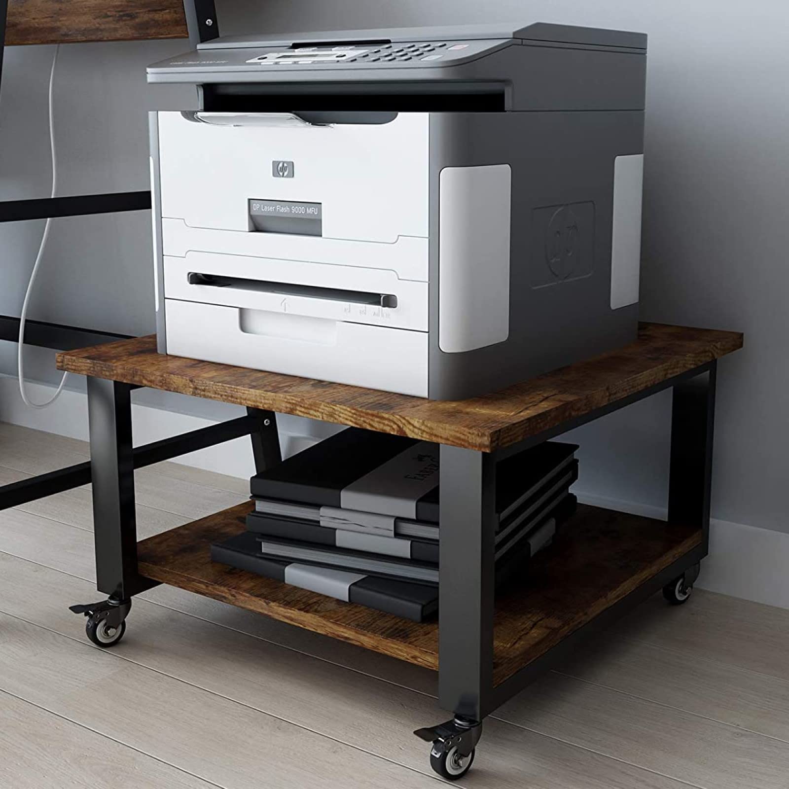 PUNCIA プリンター台 2段 幅50×奥行50×高さ32cm 木製ワゴン キャスター付き 収納棚 大型コピー機対応 レーザープリンタ FAX機適用 机下に置ける 省スペース設計 75kg耐荷重 簡単組立 オフィス・家庭用 多機能ラック レトロ