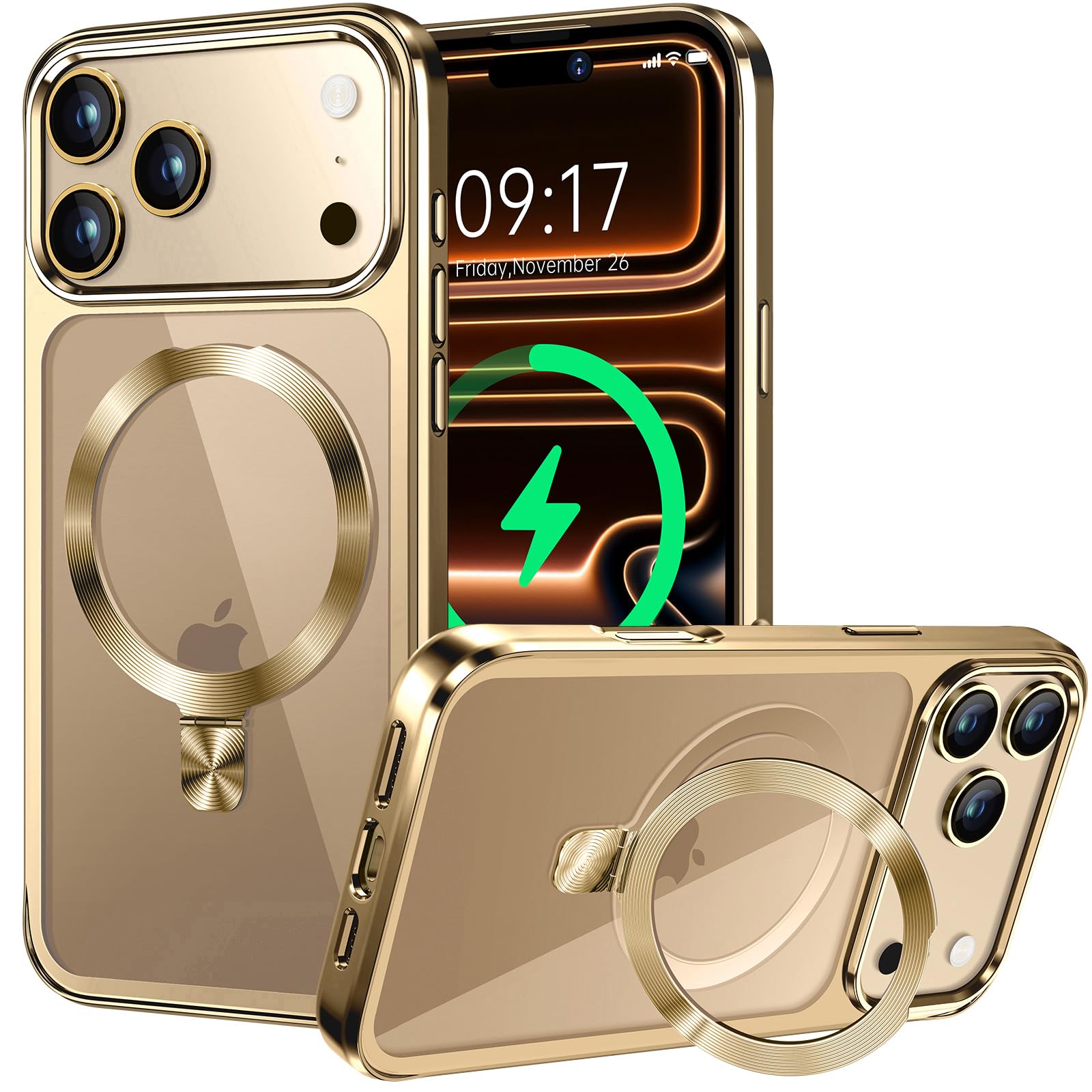 樂天商城 - 【CD MagSafeリング・スタンド一体】iPhone 17 Pro 用クリアケース[MagSafe対応・隠しスタンド] [本体の色・メッキバンパー]ストラップホール付き 角度調整可 米軍MIL規格取得・耐衝撃 アイホン17 Pro透明ケース スマホケー
