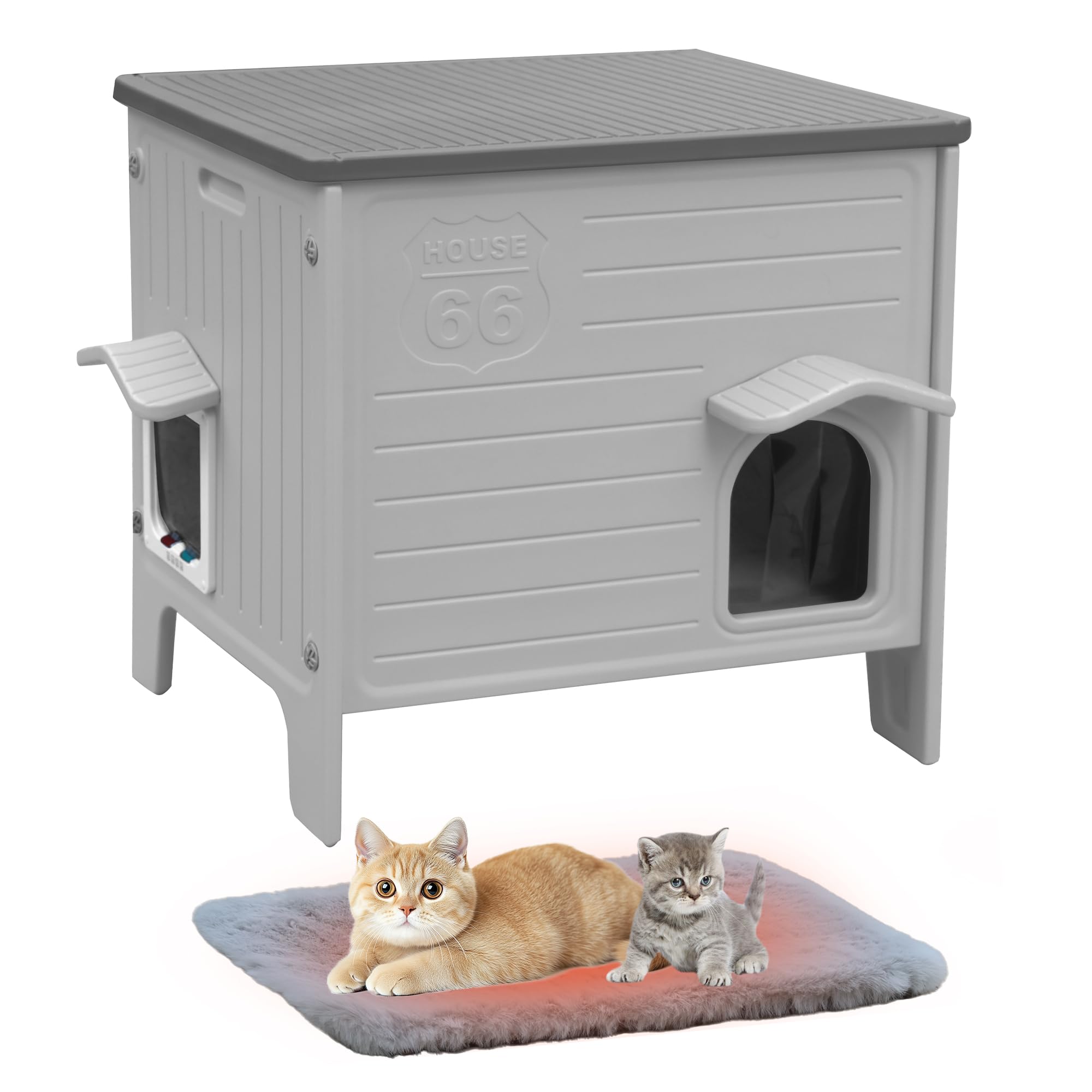 樂天商城 - 屋外用キャットハウス（猫用マット付き）耐候性プラスチック製 猫小屋（脱出用ドア付き）室内・屋外両用 防水設計野良猫/飼い猫用シェルター子犬・ウサギ用（グレー）