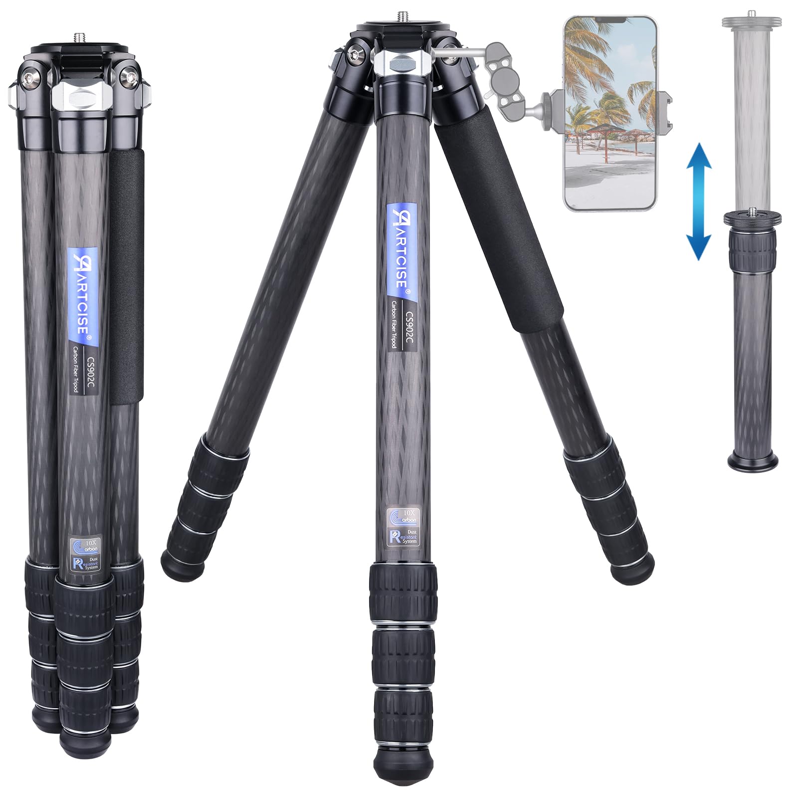 楽天松陰屋 楽天市場店ARTCISE2024 40mm直径カーボンファイバー材質三脚 全高1930mm 超高耐荷重25kg以上 中心軸付き トラベル三脚 全高 5段 ナットロック式 収納バック付き 旅行用 （CS902C）