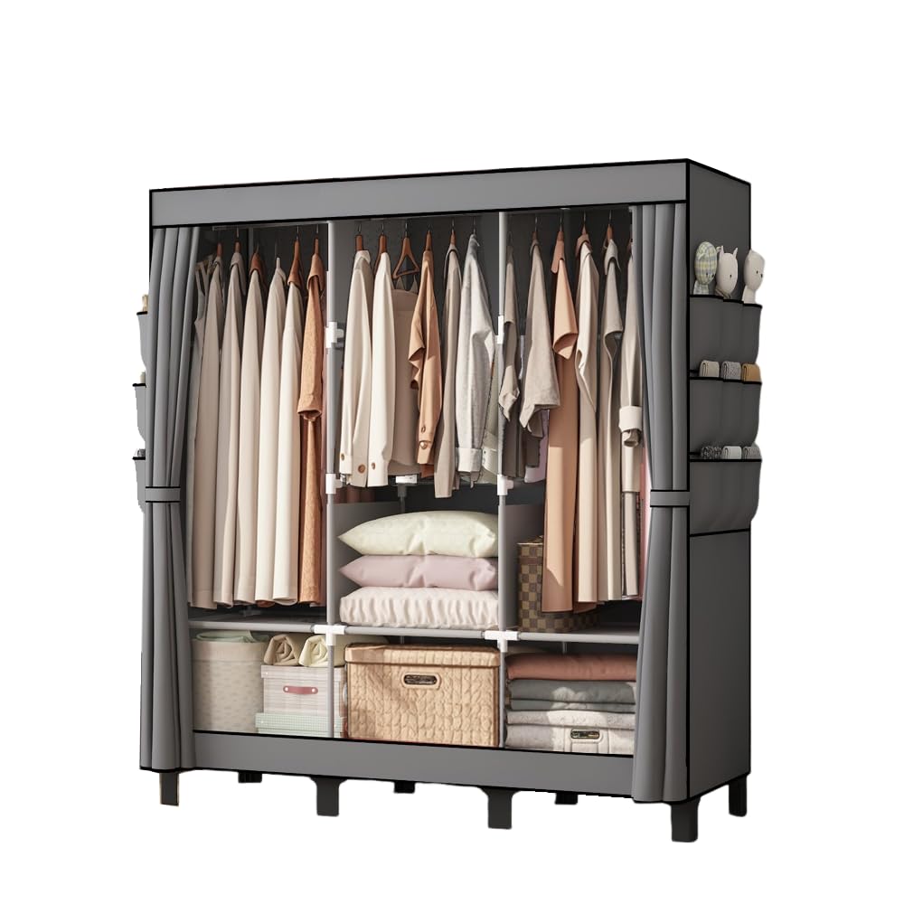 大容量ボ-タプルリ-ドロ-プ、カ-テン付き収納クロ-ゼット、サイドボケット付き、3段シエルフ、衣類・寝具整理用、簡易クロ-ゼット、は幅130 cm、奥行き45 cm、高さ172 cm (Grey)