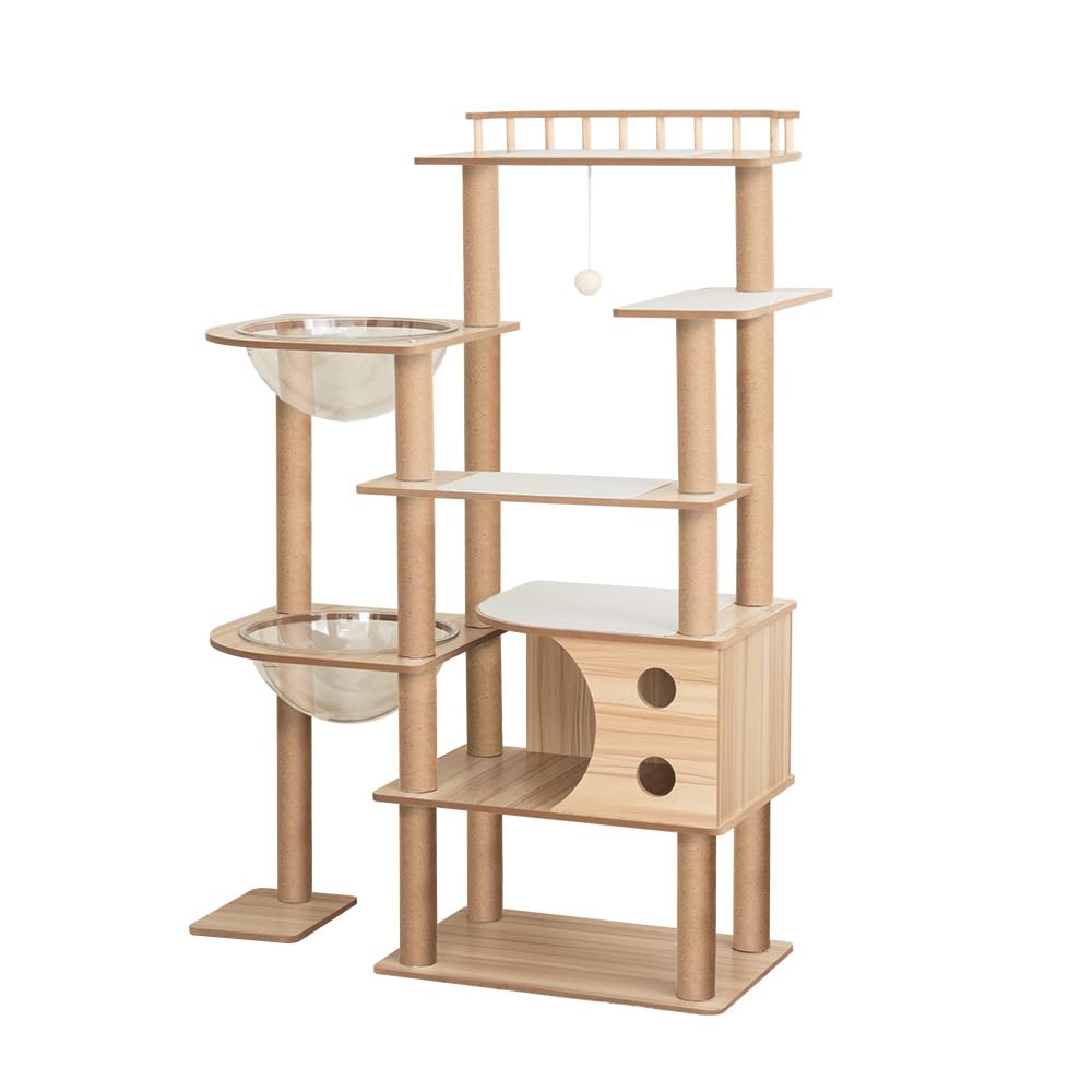 PETTIFUL キャットタワー 木製 据え置き おしゃれ シニア 大型猫 宇宙船 【滑り止めマット付き】 クリアボウル 大型 安定性高い どっしり インテリアに馴染み インテリア性高い 天然木目 大型猫