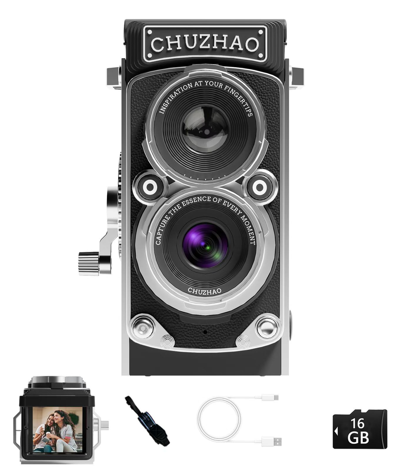 CHUZHAO ヴィンテージミニデジタルカメラ、ポータブルTLRスタイルのレトロでコンパクトな小型ポケットサイズ1080P ビデオカメラ、12MPオートフォーカス機能搭載で、初心者、ティーンエイジャー、大人向け、16GBカード、ネックストラップ、Type-