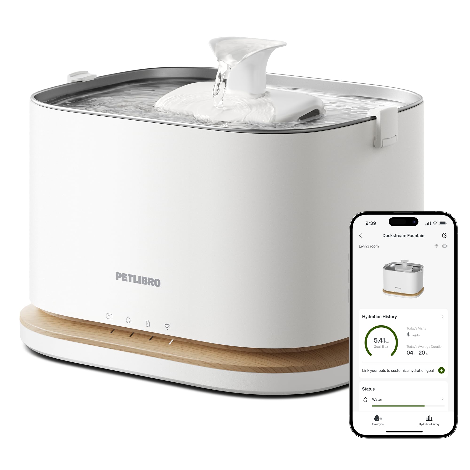 PETLIBRO 猫用 スマート自動給水器 Dockstream 2|コードレス・Wi-Fi対応・アプリ管理|飲水量トラッキング・静音循環|3L大容量・4重濾過・ステンレス皿|猫・犬対応