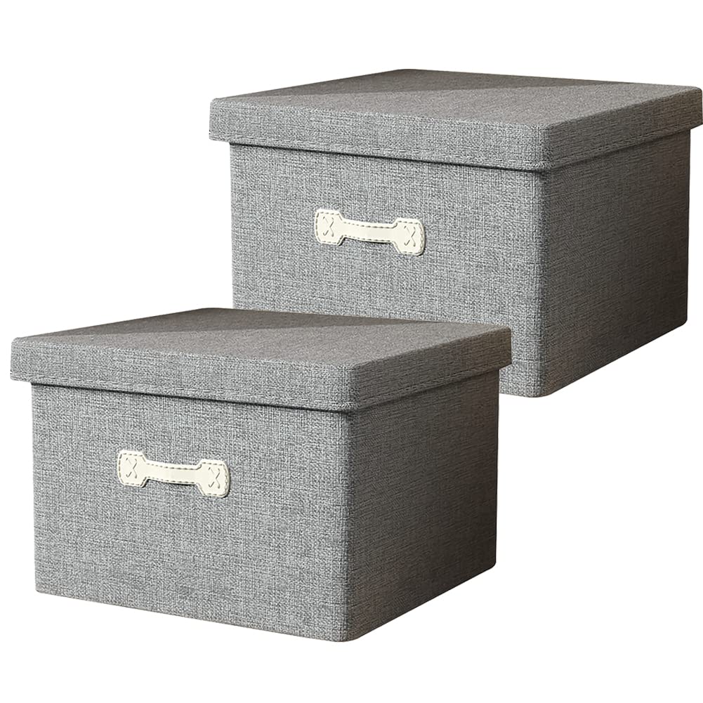 収納ボックス 衣類収納ケース 60L大型綿麻製の収納箱 (2個セット) 折りたたみ ストレージ ボックス レザー ハンドル フタ付き 家庭用 ストレージ ボックス 防塵 整理箱 50x40x30cm グレー