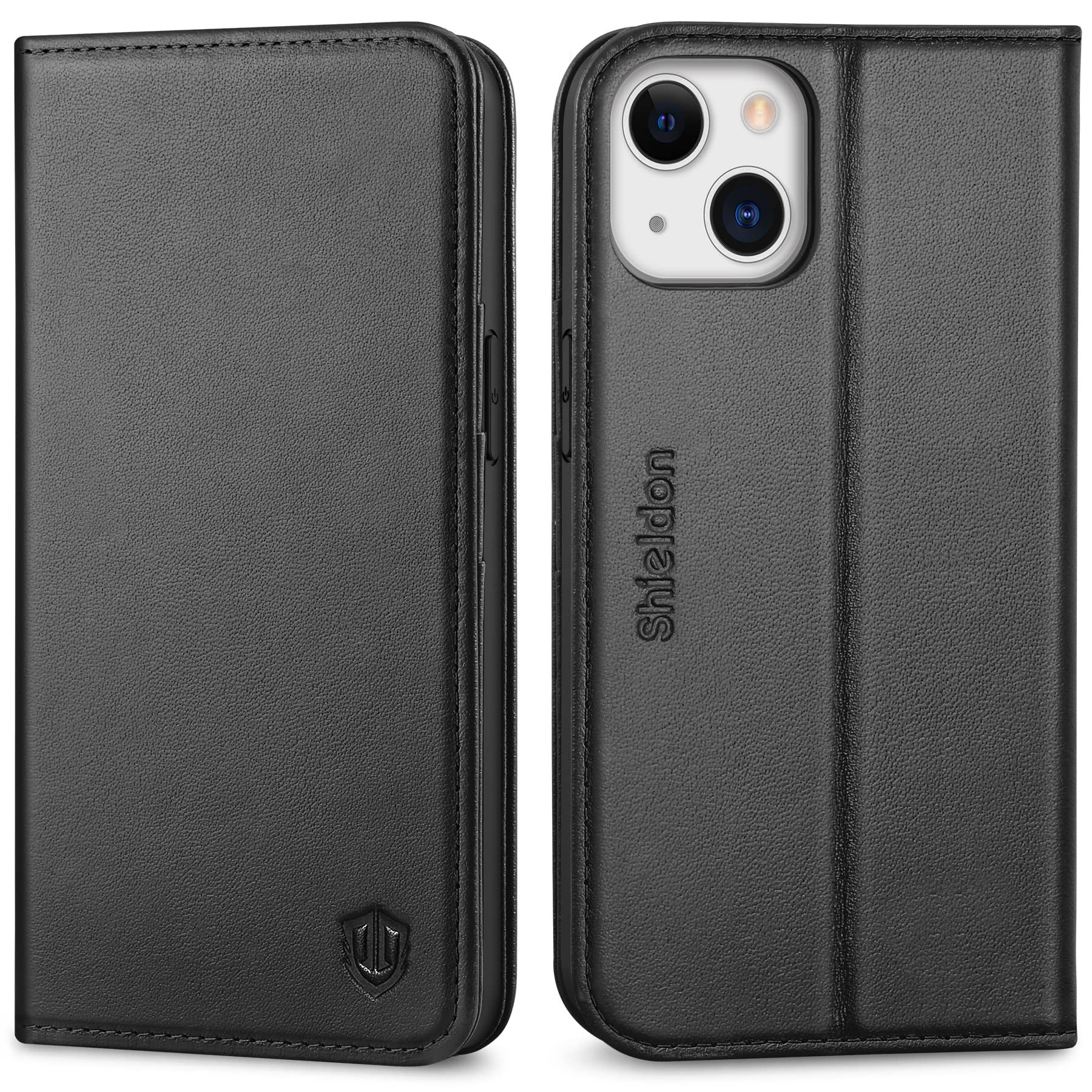 SHIELDON iPhone13 対応ケース 手帳型 本革レザー 衝撃吸収 [RFIDブロッキング] 全面保護 TPU素材 カード収納 財布型 横置きスタンド機能 マグネット内蔵 あいふぉん13対応 スマホケース 5G 2021年発売 6.1インチ ブラ