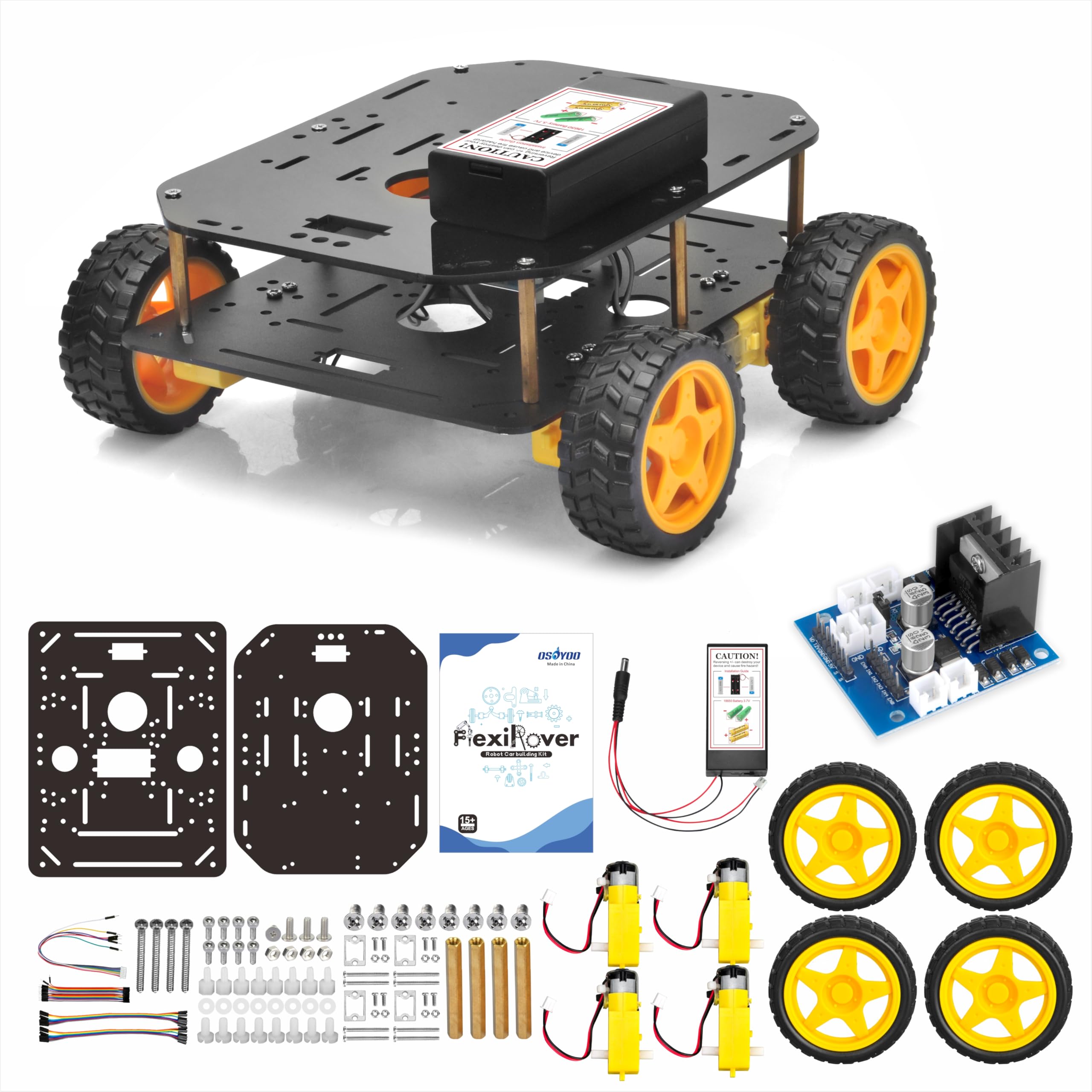 OSOYOO FlexiRover組み立てキット Arduino用 ・ 4つのTTモーターとホイールを備えたカスタマイズ可能なロボットカーシャーシ、ロボット工学開発に最適 (Arduino用のメインボードは含まれていません)