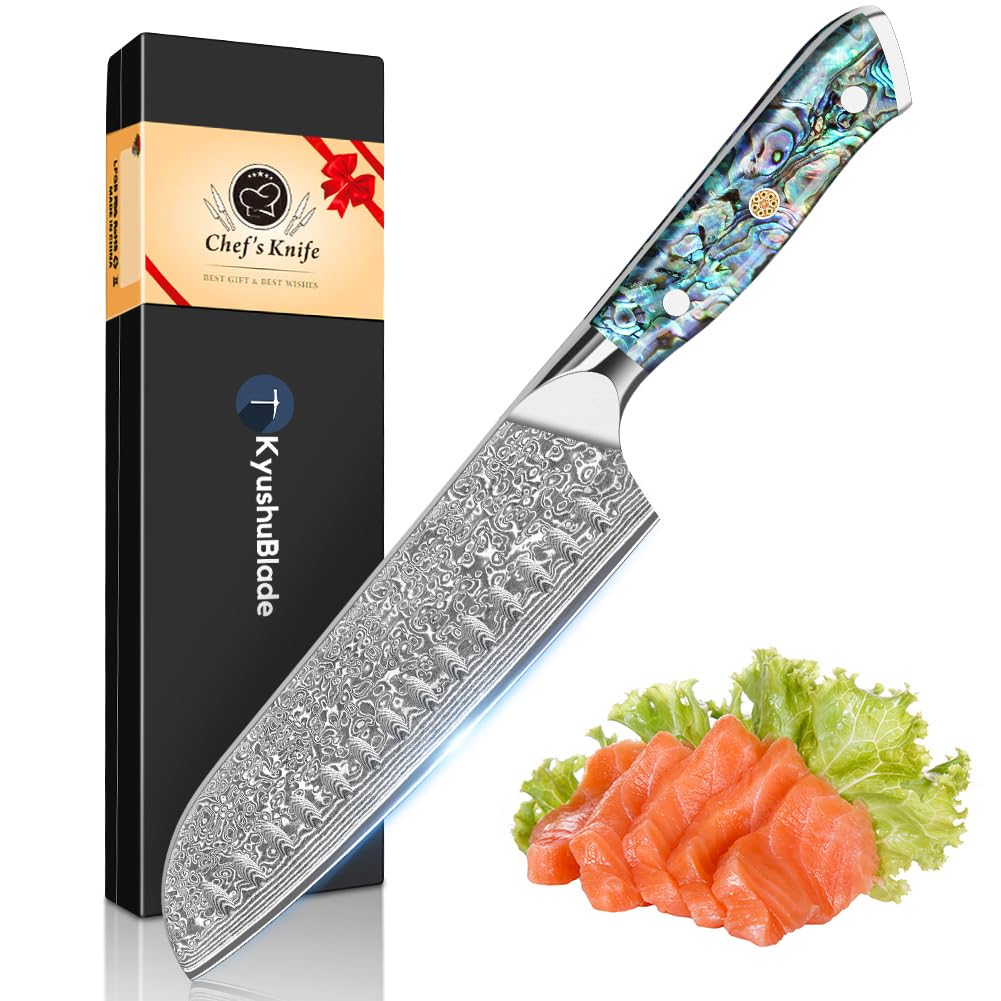 KyushuBlade 包丁 三徳包丁 ダマスカス包丁 刃渡り180mm. プロ用牛刀包丁, キッチン用万能包丁. 手打ち鍛造シェフナイフ, 本物のダマスカス模...