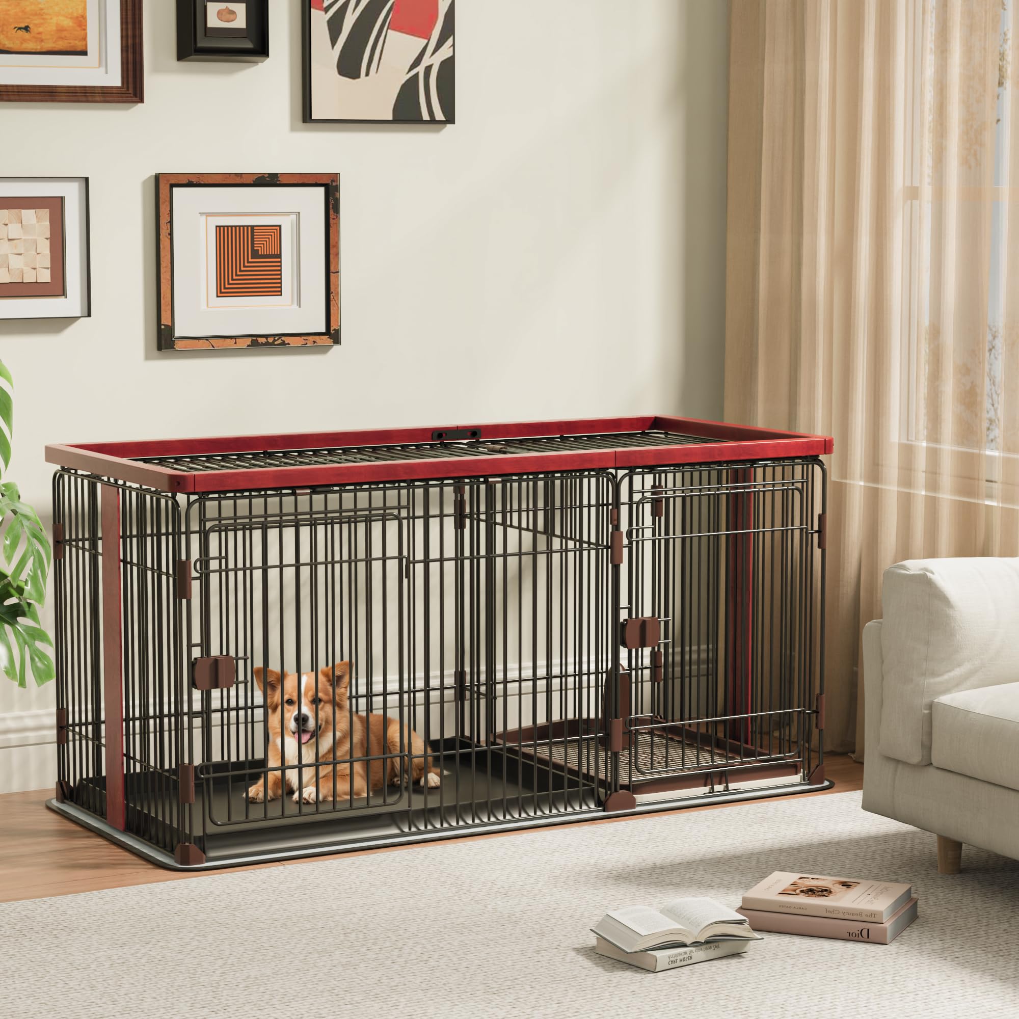樂天商城 - Petnniko 犬 ケージ 犬 ゲージ 犬ゲージ 幅146×奥行68×高さ70cm 小中大型犬用 ペットケージ 犬サークル 木製 室内 マット付き トイレ 屋根付き トイレトレーニング出来る 仕切 組立簡単 掃除しやすい (ブラック＋レッド)
