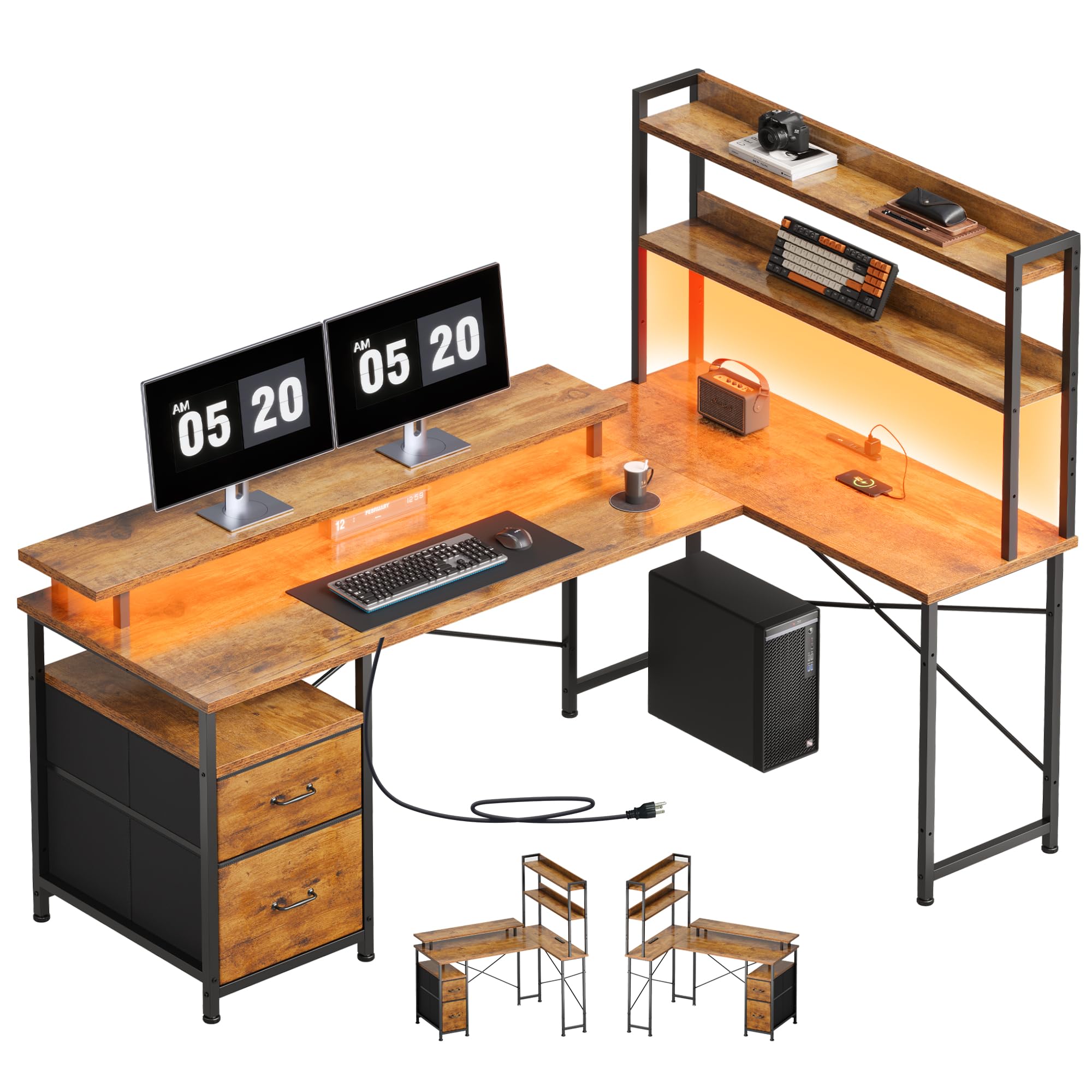 Maihail l字デスク 机 pcデスク desk 桌子 パソコンデスク コンパクト 家具 table 学習机 引き出し付き 上収納棚付き ワークデスク 幅120*奥行80cm ピンテージ+ピンテージ