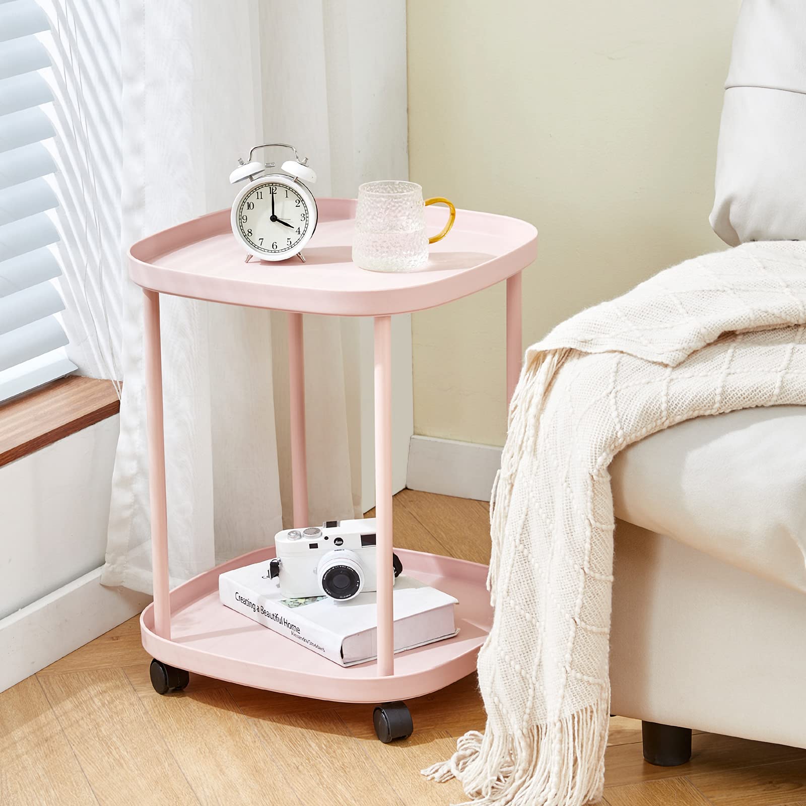 PEFEK サイドテーブル ベッドサイドテーブル 2段 キャスター付き ナイトテーブル ソファーテーブル コーヒーテーブル 幅43×奥行43×高さ53cm 組み立て簡単 移動可能 収納 棚付き (Pink ピンク)