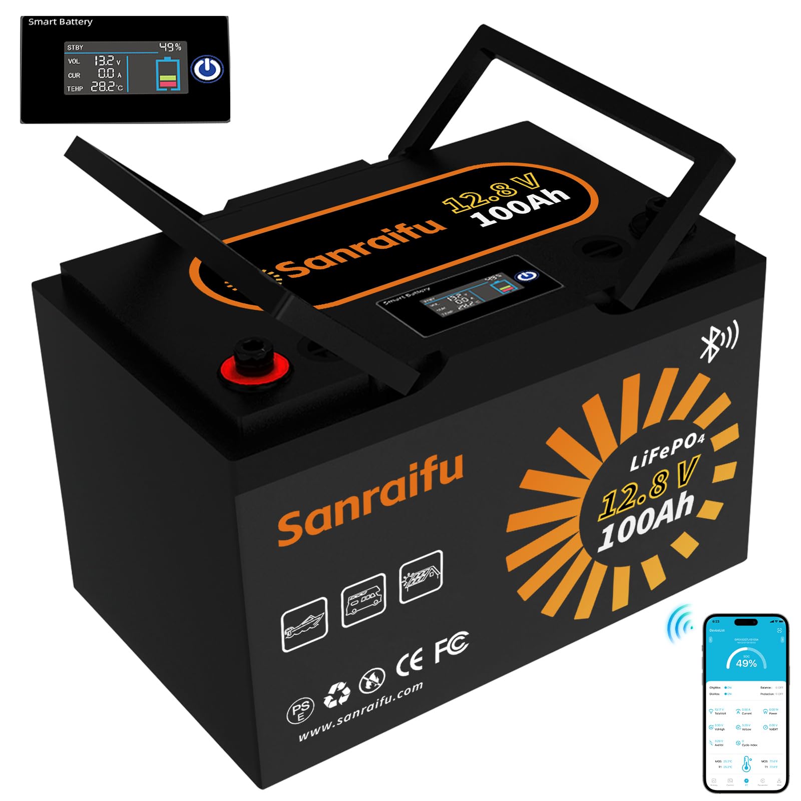 Sanraifu 12V 100Ah LiFePO4 Ŵ।Хåƥ꡼ Bluetooth BCI롼24 15000...