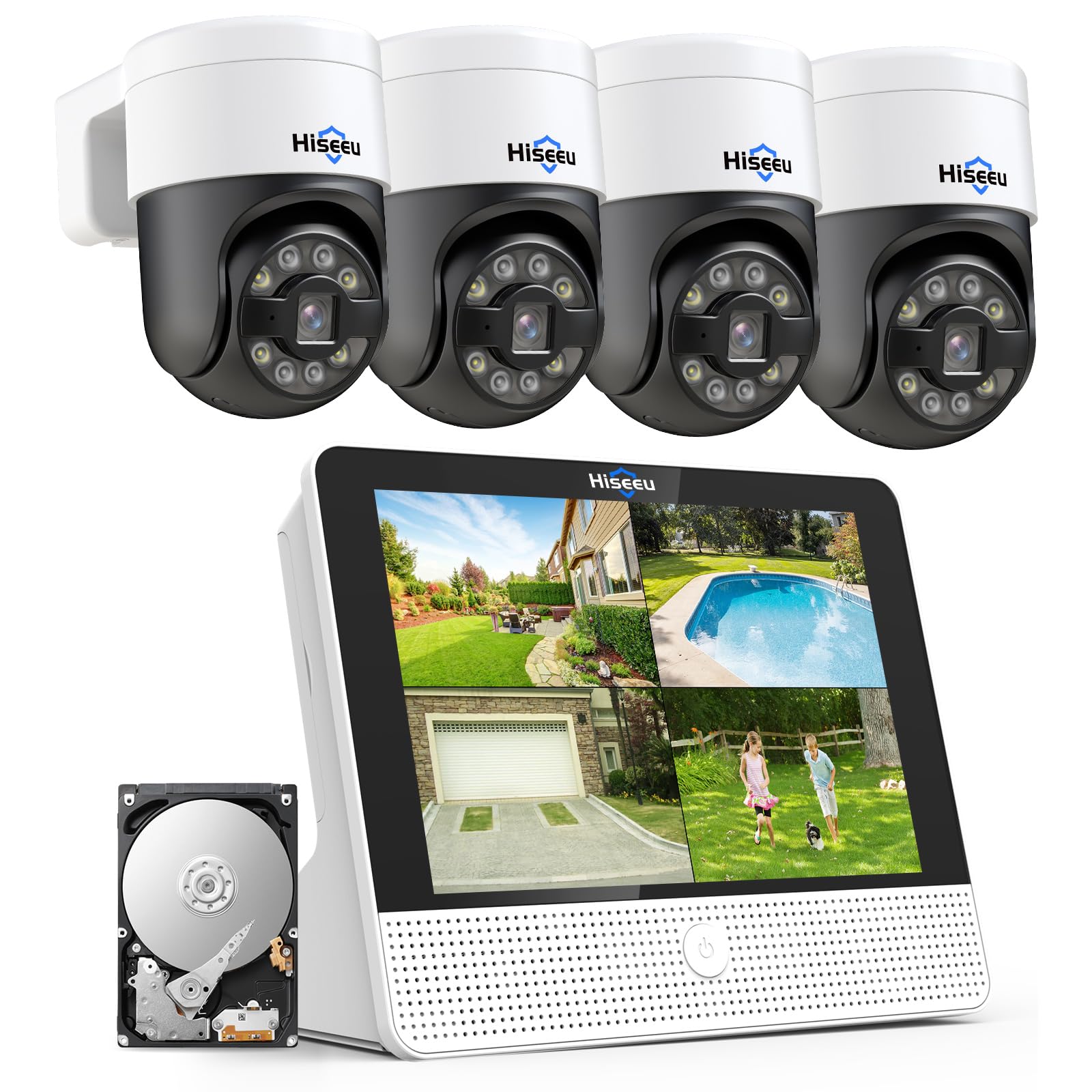 【800万画素P0Eセット】POE有線接続 防犯カメラセット Hiseeu 屋外セキュリティカメラ 12インチ NVR 8チャンネルまで増設可 カメラ4台 800万画素カメラ 遠隔監視 防水等級ip66 動態検知 屋内/屋外 防犯カメラ ネットワーク不要(