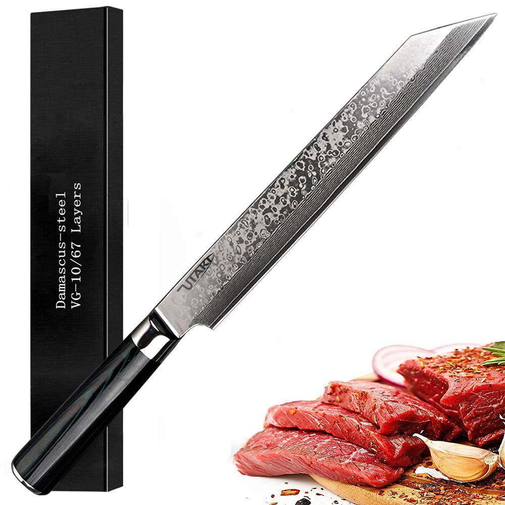 Utaki 柳刃包丁 包丁 V金10号 刃渡り265mm ダマスカス切付型刺身包丁 料亭で出されるような美しいお刺..