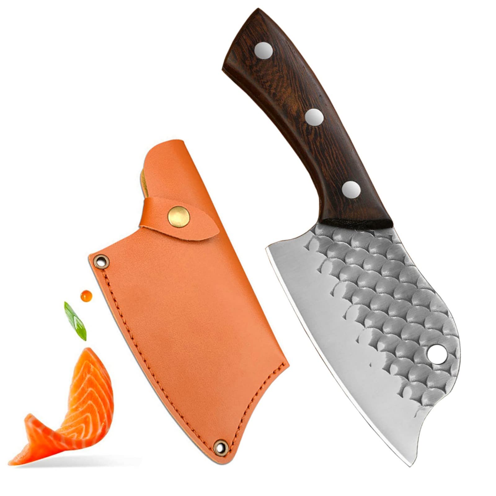 Irai Utaki 魚用包丁 刃渡り12cm アウトドアナイフ 収納用革シース付き 魚鱗模様 手打ち鍛造加工 肉、..