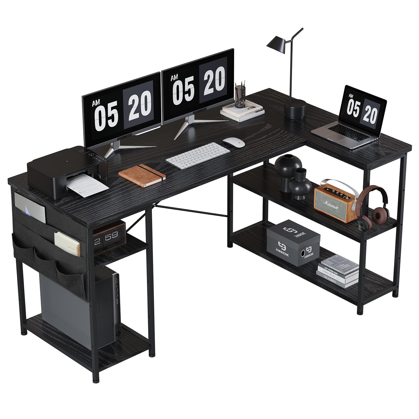 YeTom l字デスク ゲーミングデスク デスク 幅150cm pcデスク コーナーデスク 棚板高さ調節可能 収納袋..