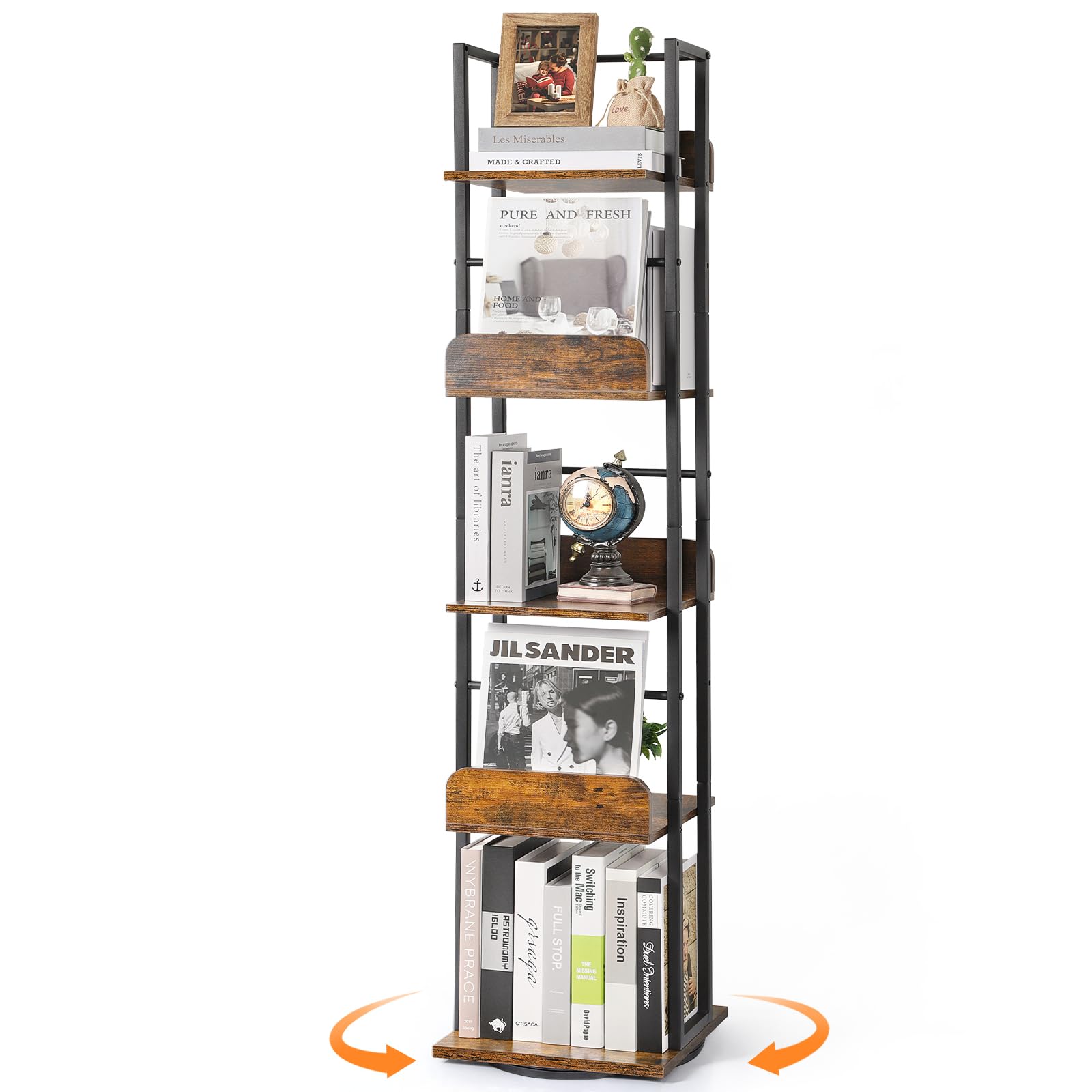 VINAEMO 回転本棚 5段 大容量 スリム コンパクト 360°回転 漫画ラック 絵本棚 タワーラック コミックラ..