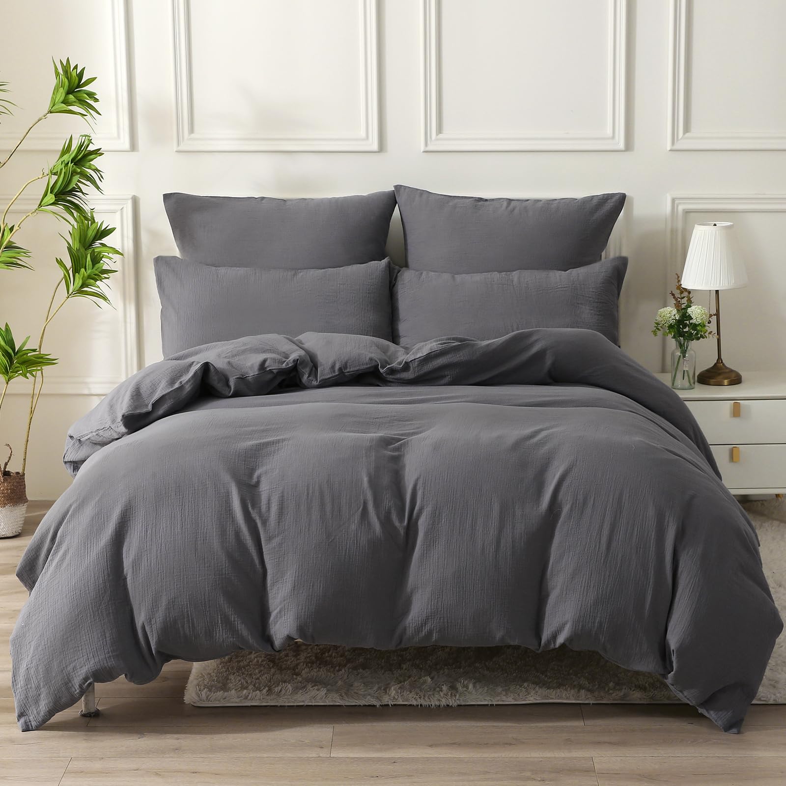 MILDLY 赤ちゃん向けグレードのコットン二重ガーゼ 布団カバー 3点セット シングル 【枕カバー2枚 + 掛け布団カバー1枚】（グレー・シングル）