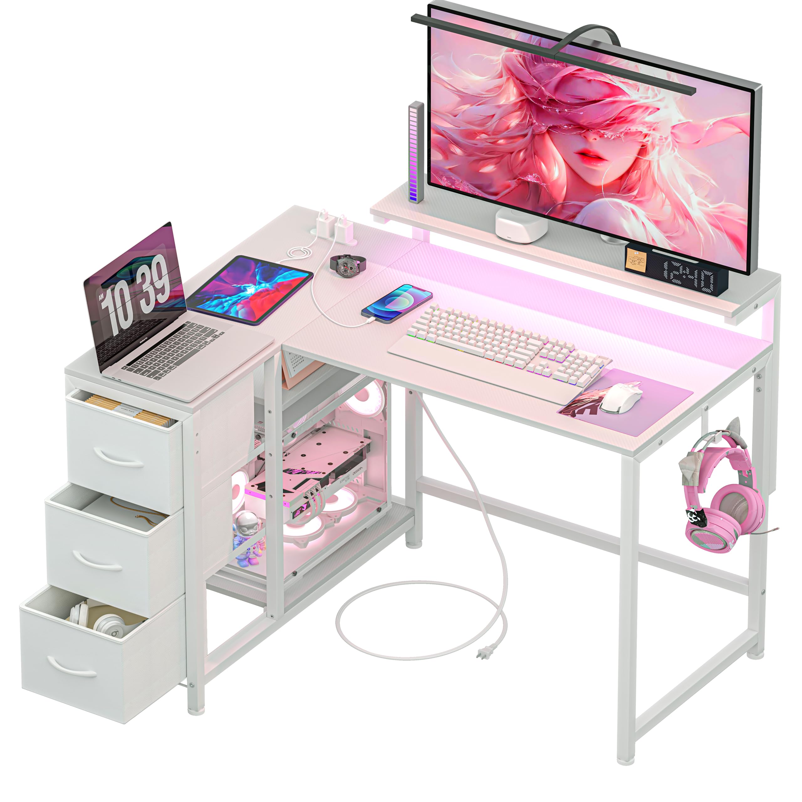 LunarLight PCパソコンデスク幅108*奥行50-80*高さ72cm テレワーク 机 L型左右組み換え自由 モニタ台の..