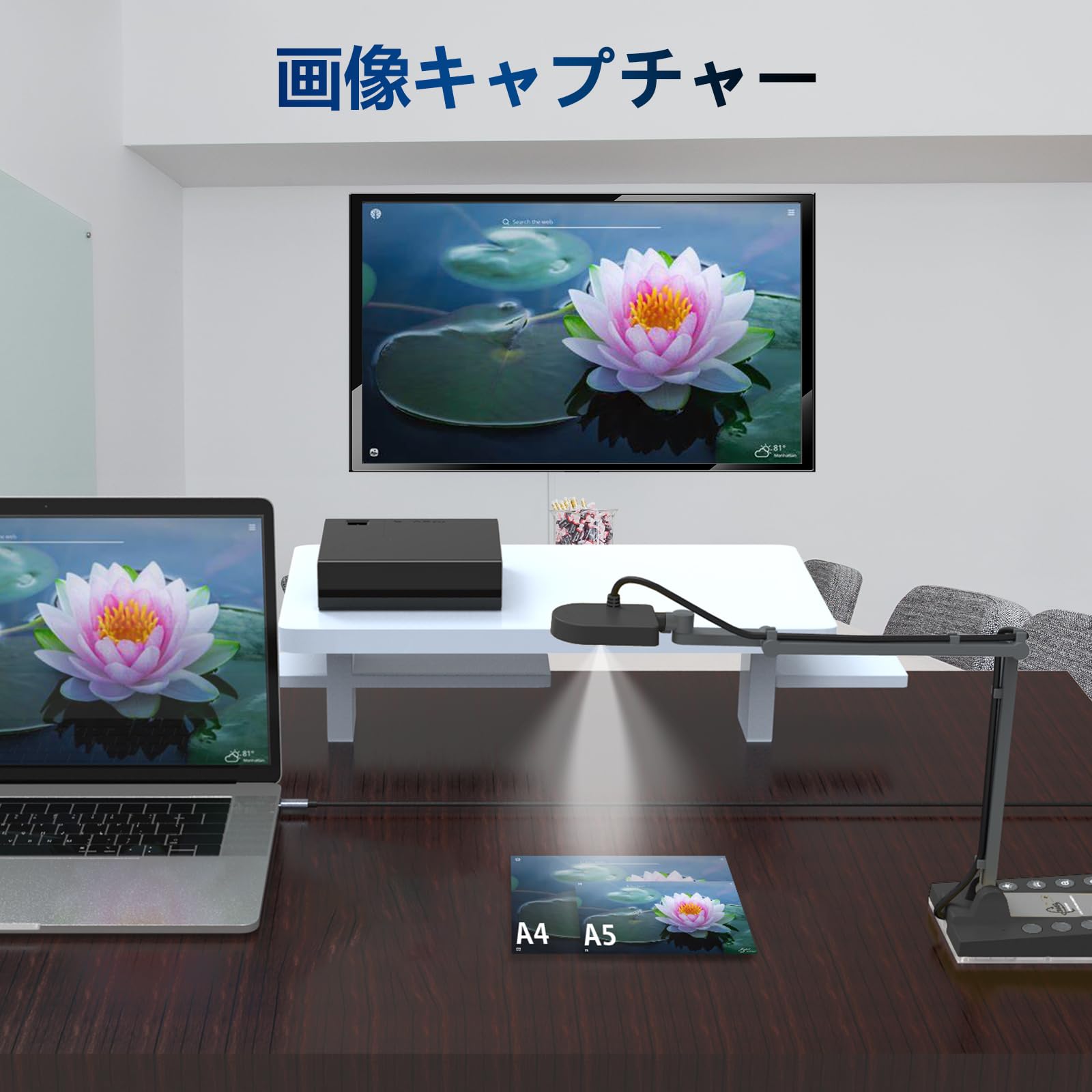 ActionRing 書画カメラ 4K 1500万画素 webカメラ プロジェクターに直接投影 ズーム機能 オートフォーカス 折りたたみ式 ポータブル 実物投影機 Win/Mac/ChromeBook用 プラグプレイ オンライン授業/テレビ会議/ライブ向け