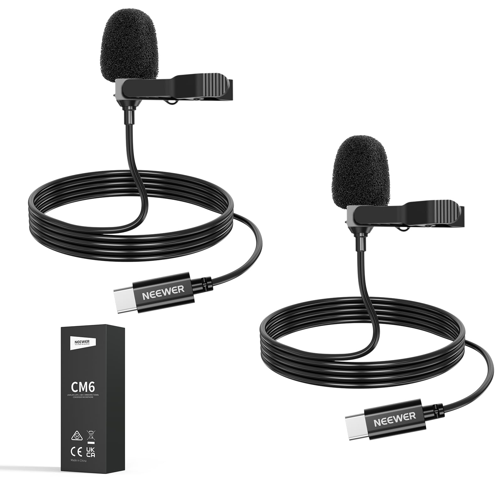 NEEWER ラベリア ラペルマイク 2枚 USB C 無指向性 プラグ&プレイ クリップオン 2mケーブル付き コンデンサーマイク ミニマイク コンパチブル iPhone 16 15 Pro Max/Androidスマホ/タブレット/PC インタビュー/