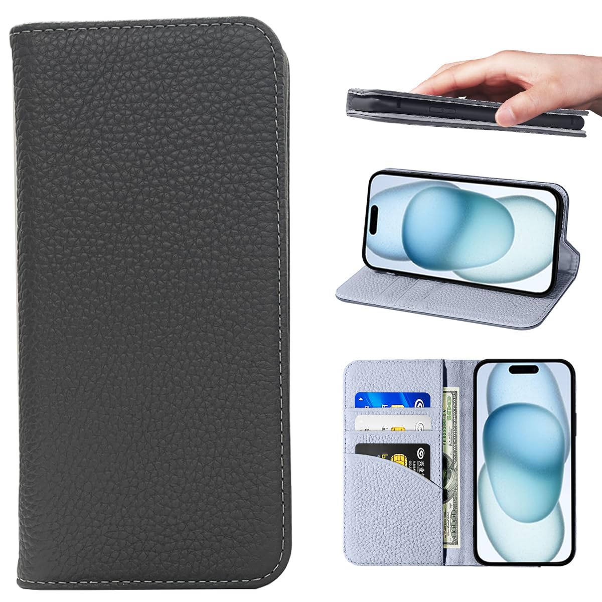 iPhone 15 ケース 本革 手帳型 カバー 耐衝撃 保護 カバー 本革 内蔵マグネッ RFIDト 財布型 携帯カバー カードポケット スタンド機能 NanHou - ダークグレ/ライトグレー