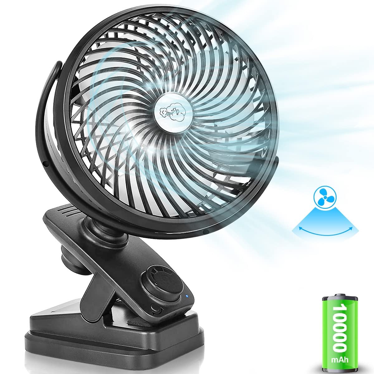 楽天松陰屋 楽天市場店【自動首振り＆10000mAh】 卓上扇風機 充電式 静音 クリップ 小型扇風機 USB 360度角度調整 風量無段階調節 最長107時間連続使用 LEDライト 強風 アロマ対応 オフィス 車 アウトドア 直径16cm ホワイト